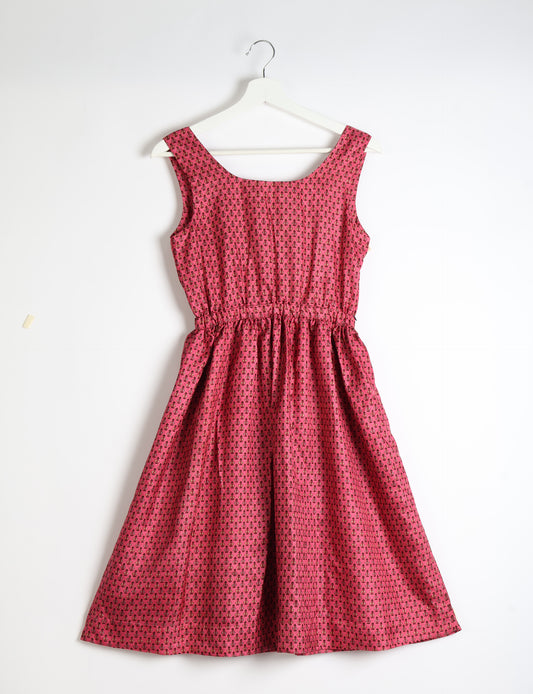 Upcycled women’s fit and flare dress made from recycled sari products, showcasing environment friendly clothing and green fashion design — an eco clothing choice for conscious clothing lovers and sustainable women’s fashion enthusiasts.