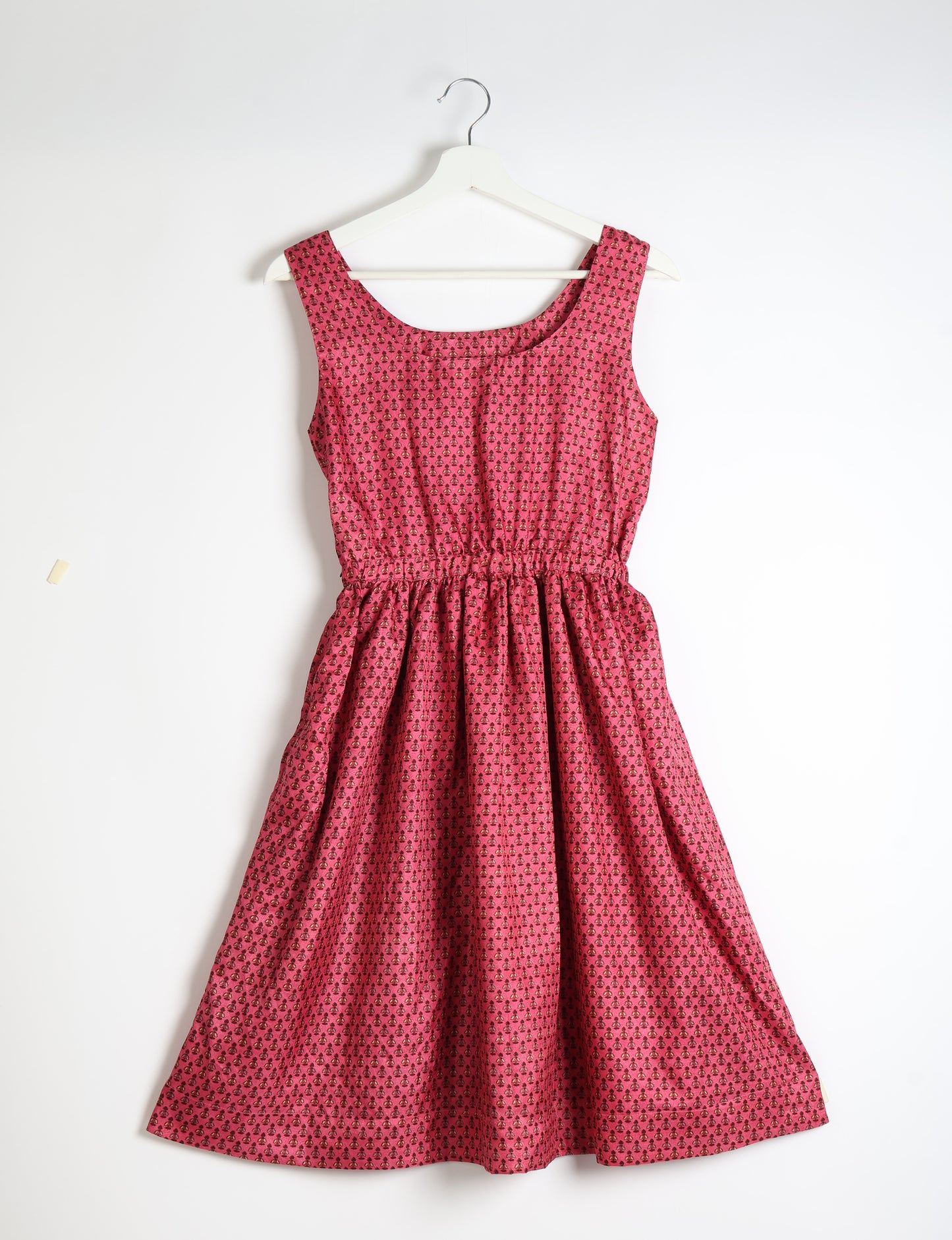 Upcycled women’s fit and flare dress made from recycled sari products, showcasing environment friendly clothing and green fashion design — an eco clothing choice for conscious clothing lovers and sustainable women’s fashion enthusiasts.