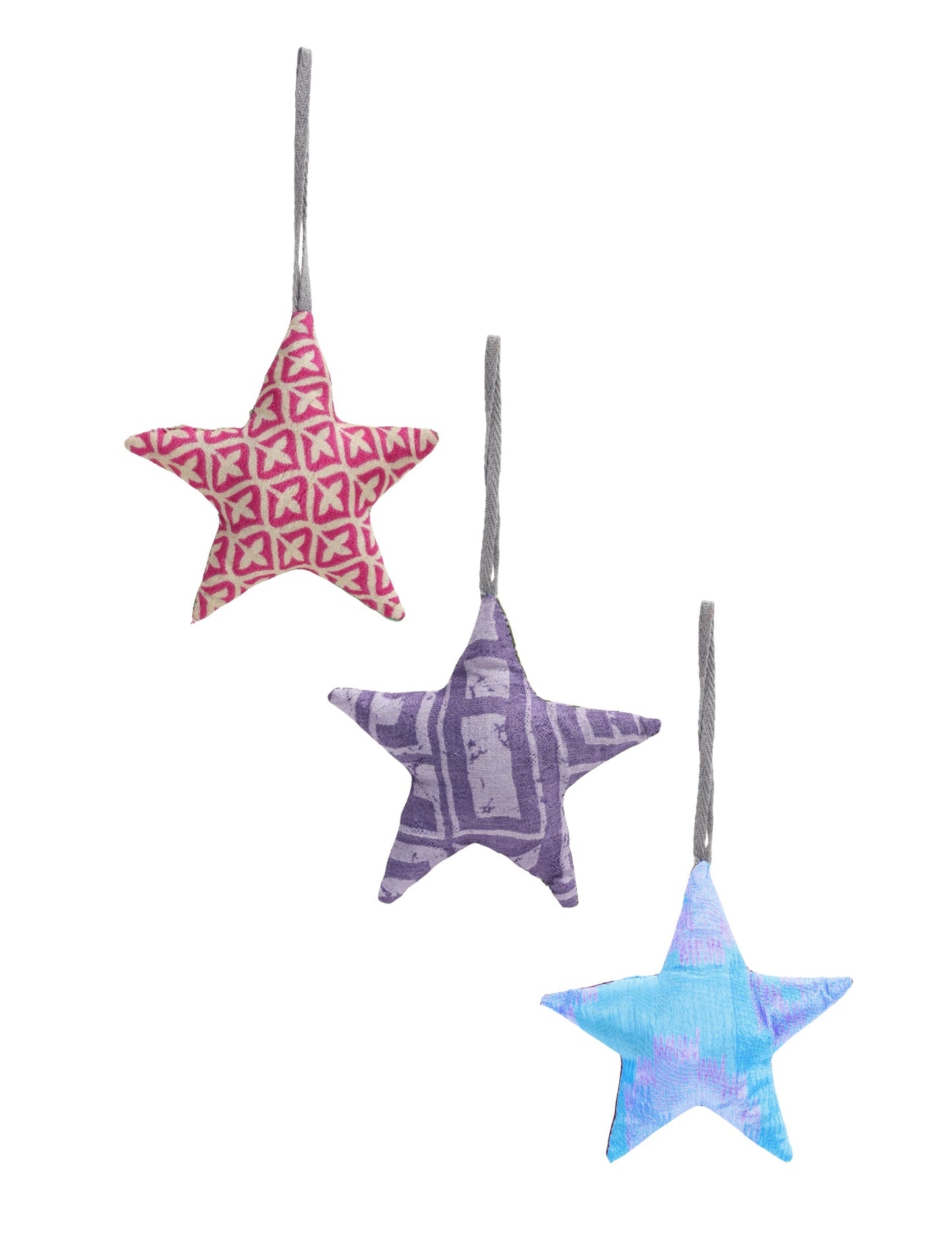 Hand-stitched mini star bauble made from recycled sari products, showcasing upcycled clothing techniques and eco friendly fashion. A lightweight festive accessory promoting conscious clothing, organic clothing, and sustainable women’s clothing crafted from recycled material clothing.