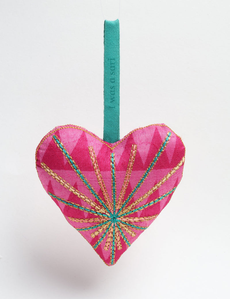 Timeless Heart ornament made from upcycled clothing and recycled fabric, filled with organic cotton and hand-finished with vibrant silk and metallic thread. An eco-friendly, carbon neutral fashion piece that supports green fashion and fair trade apparel.