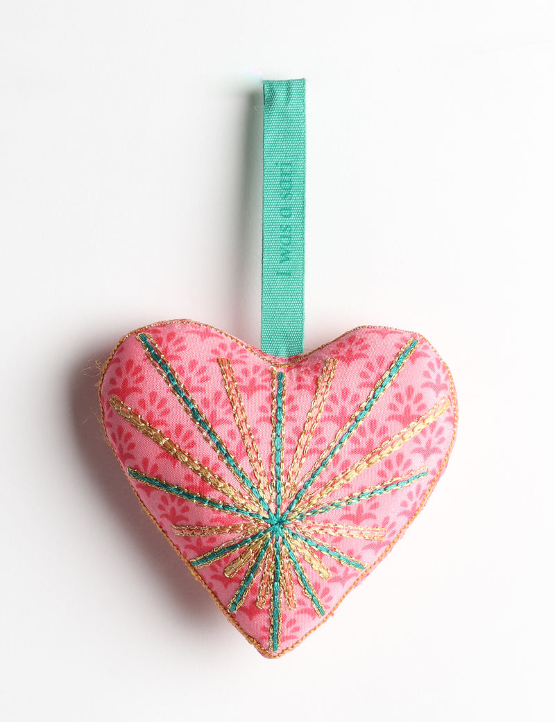 Timeless Heart ornament made from upcycled clothing and recycled fabric, filled with organic cotton and hand-finished with vibrant silk and metallic thread. An eco-friendly, carbon neutral fashion piece that supports green fashion and fair trade apparel.