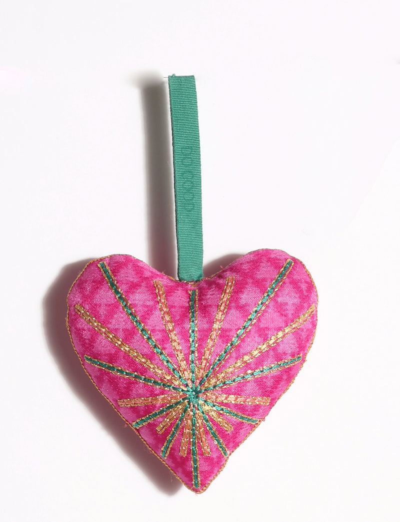 Timeless Heart Ornament / DO GOOD handcrafted from upcycled sari fabric, featuring silk and metallic gold thread embroidery with a hanging loop.