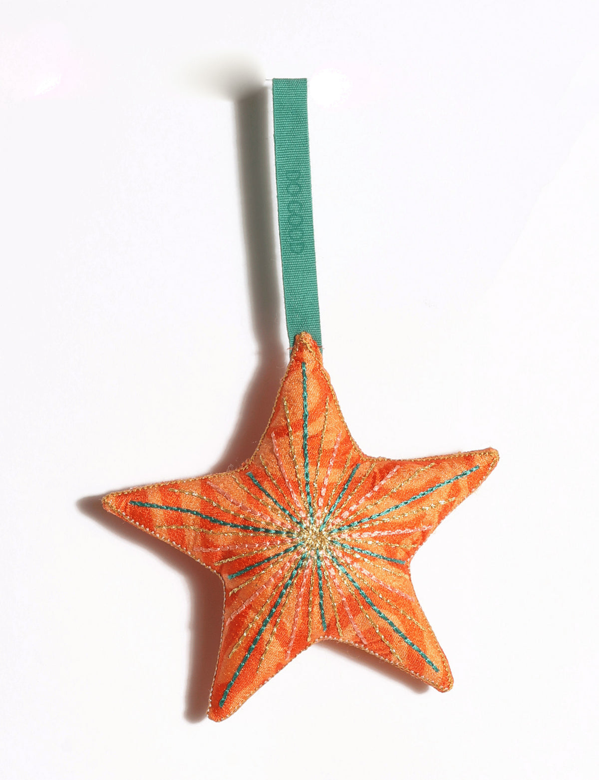 Handmade star ornament made from preloved saris with vibrant silk and gold thread embroidery and DO GOOD detailing.