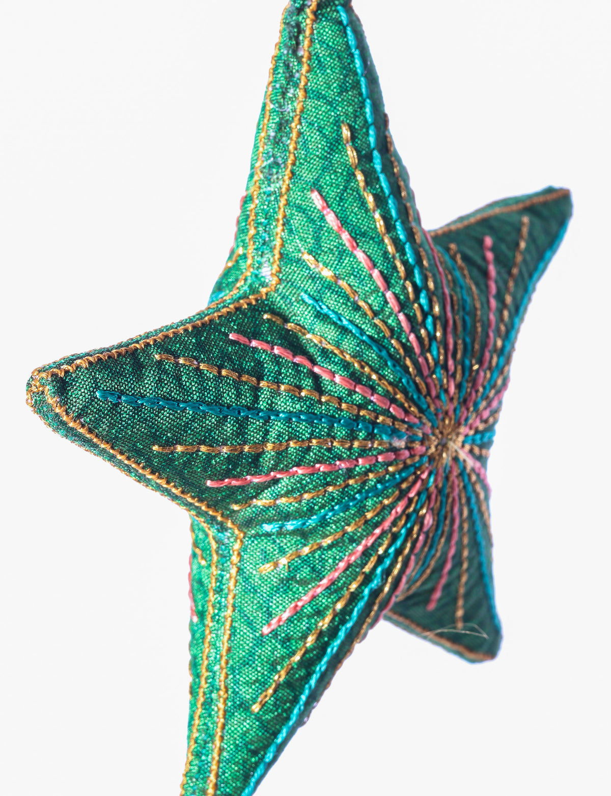 Timeless star ornament made from recycled sari fabric, featuring silk and metallic embroidery, crafted as part of green fashion, recycled clothing design, environmentally friendly clothing practices, and repurposed clothing traditions.