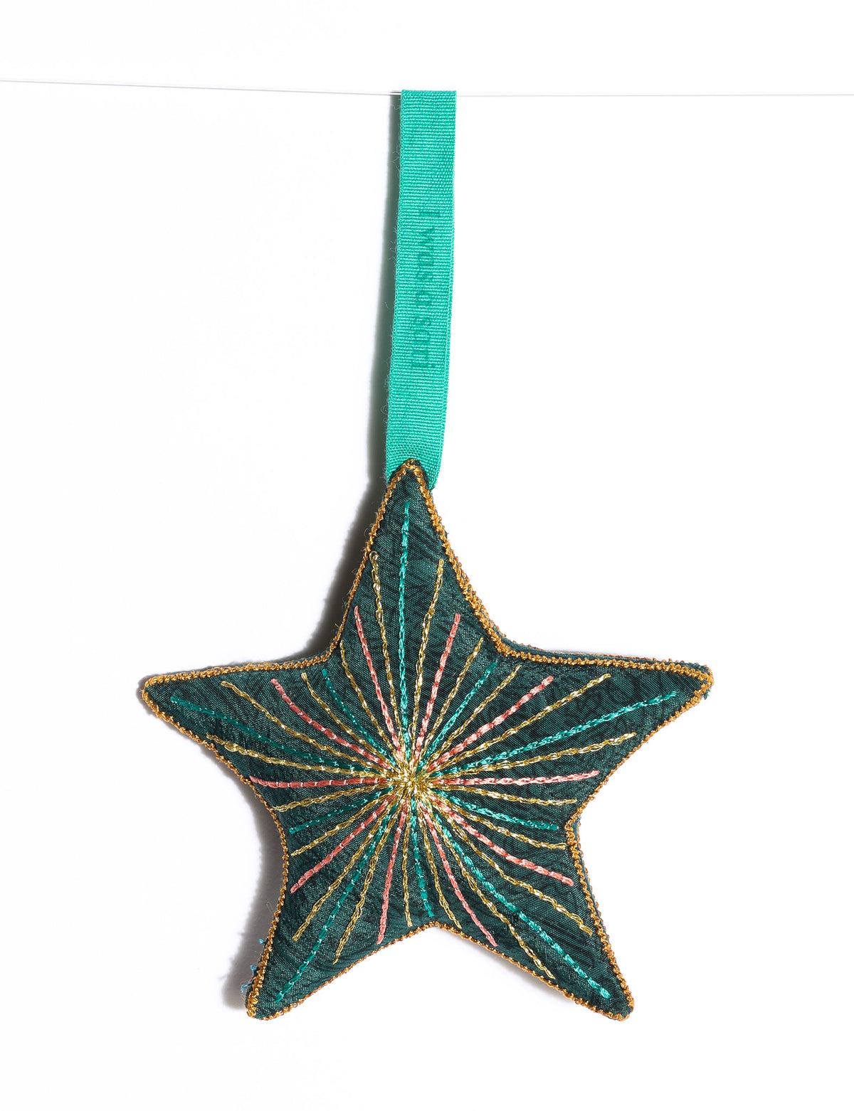 Timeless star ornament made from recycled sari fabric, featuring silk and metallic embroidery, crafted as part of green fashion, recycled clothing design, environmentally friendly clothing practices, and repurposed clothing traditions.