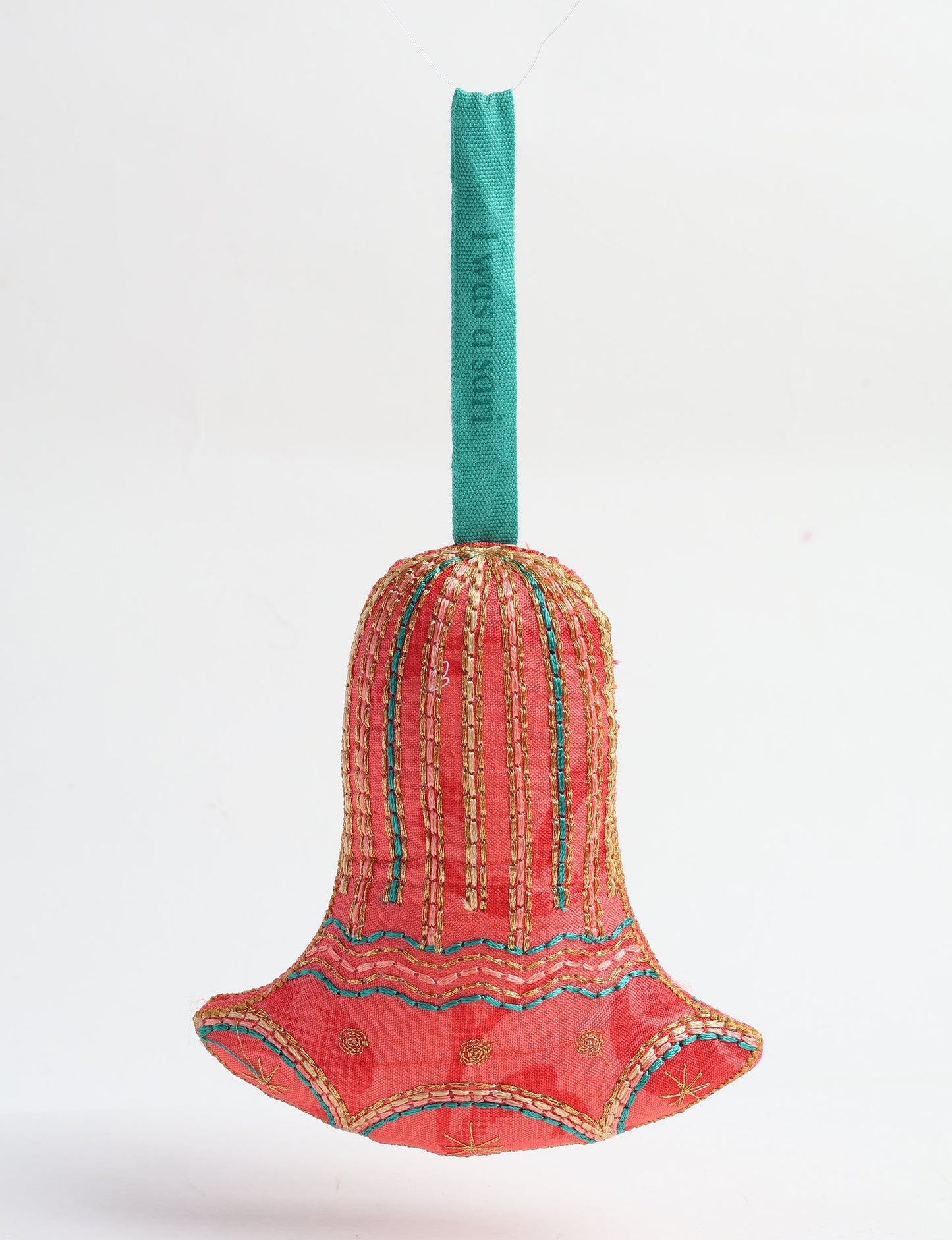 Upcycled sari bell ornament with hand embroidery and organic cotton filling — upcycled clothing, recycled sari products, eco clothing, recycled sustainable fashion, green fashion, repurposed clothing, earth friendly clothing, and conscious clothing accessory for sustainable women's clothing collections.