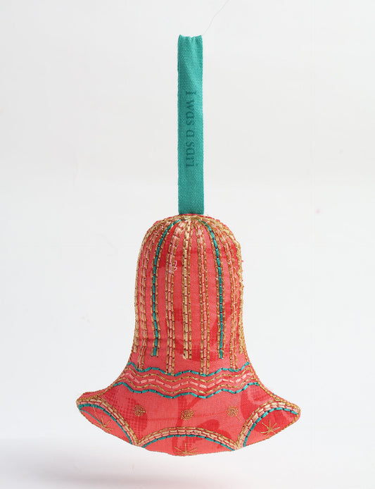 Upcycled sari bell ornament with hand embroidery and organic cotton filling — upcycled clothing, recycled sari products, eco clothing, recycled sustainable fashion, green fashion, repurposed clothing, earth friendly clothing, and conscious clothing accessory for sustainable women's clothing collections.