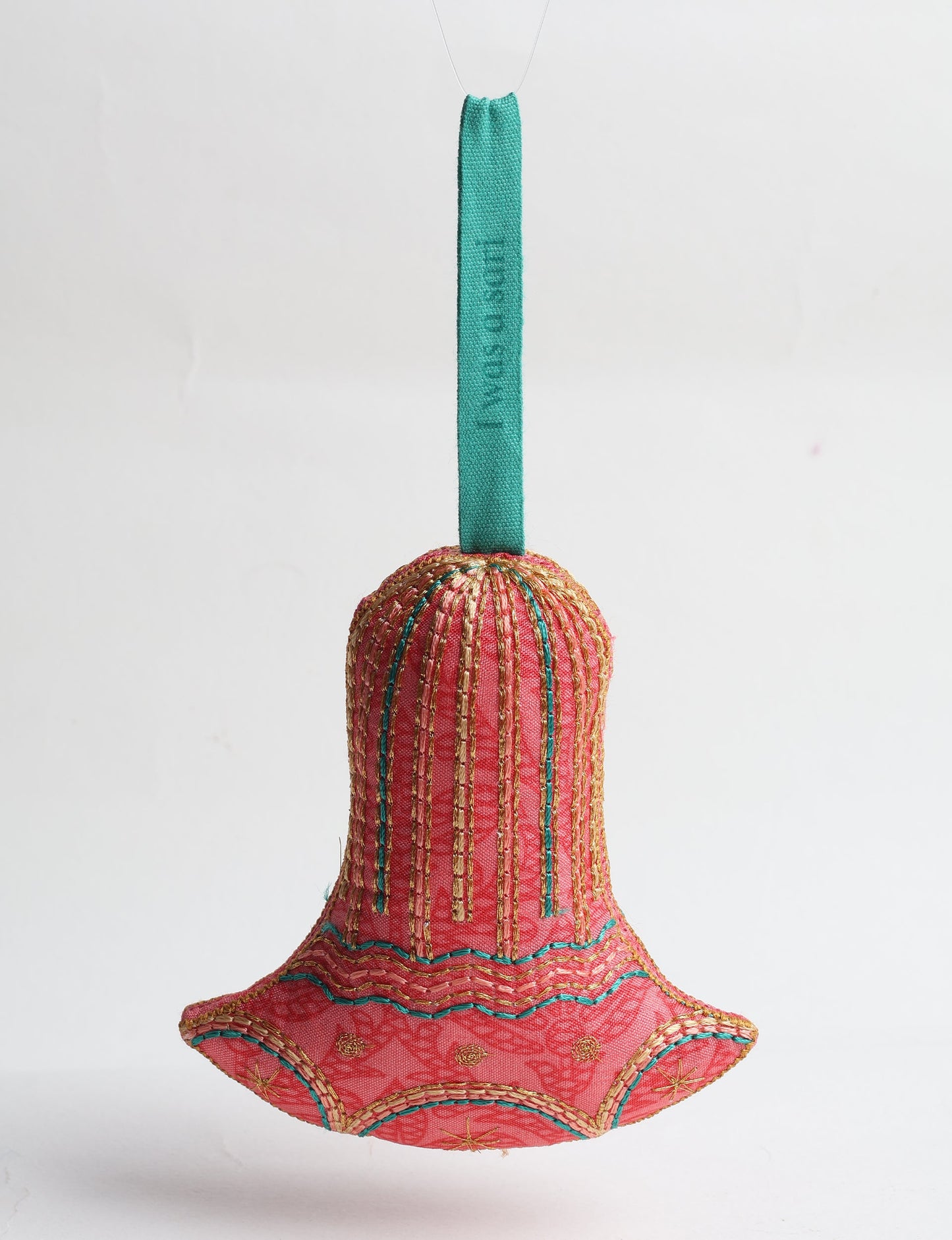 Upcycled sari bell ornament with hand embroidery and organic cotton filling — upcycled clothing, recycled sari products, eco clothing, recycled sustainable fashion, green fashion, repurposed clothing, earth friendly clothing, and conscious clothing accessory for sustainable women's clothing collections.