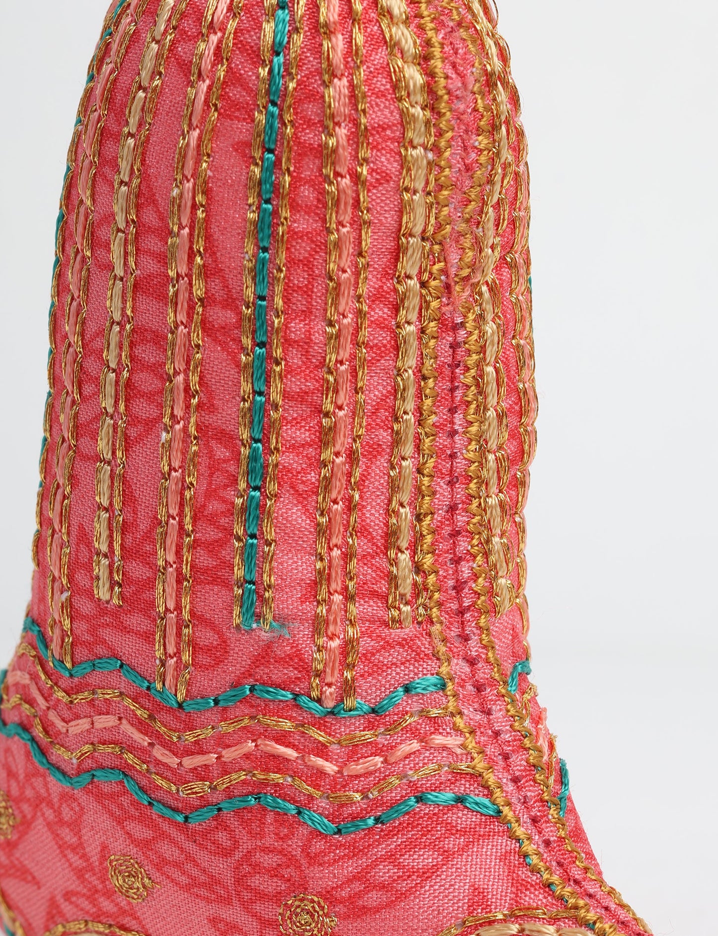 Upcycled sari bell ornament with hand embroidery and organic cotton filling — upcycled clothing, recycled sari products, eco clothing, recycled sustainable fashion, green fashion, repurposed clothing, earth friendly clothing, and conscious clothing accessory for sustainable women's clothing collections.