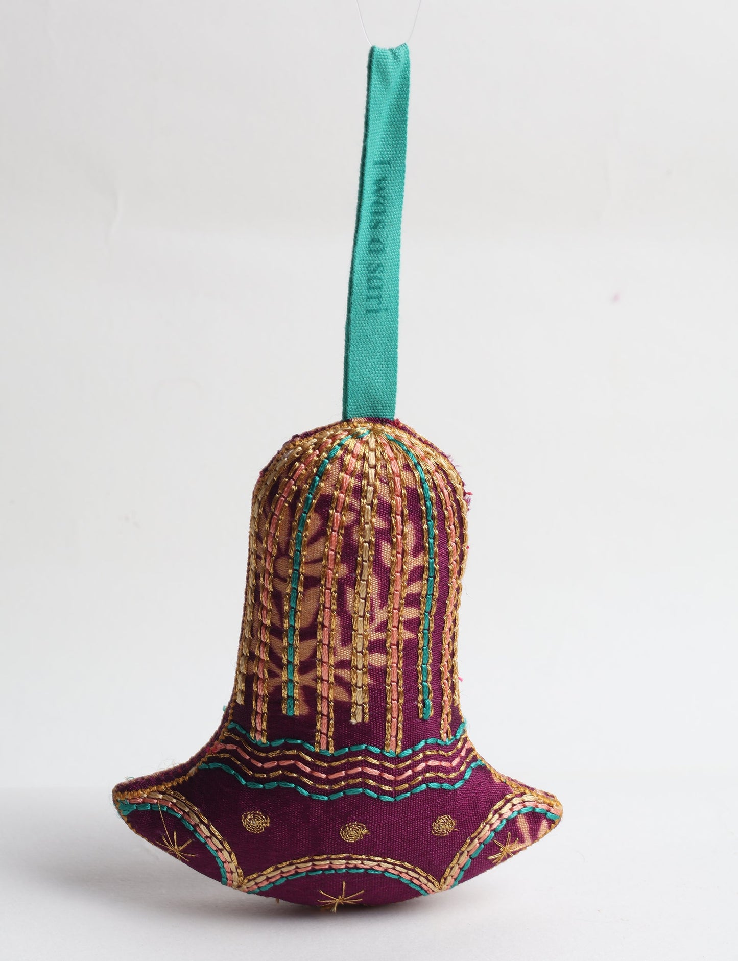 Upcycled sari bell ornament with hand embroidery and organic cotton filling — upcycled clothing, recycled sari products, eco clothing, recycled sustainable fashion, green fashion, repurposed clothing, earth friendly clothing, and conscious clothing accessory for sustainable women's clothing collections.