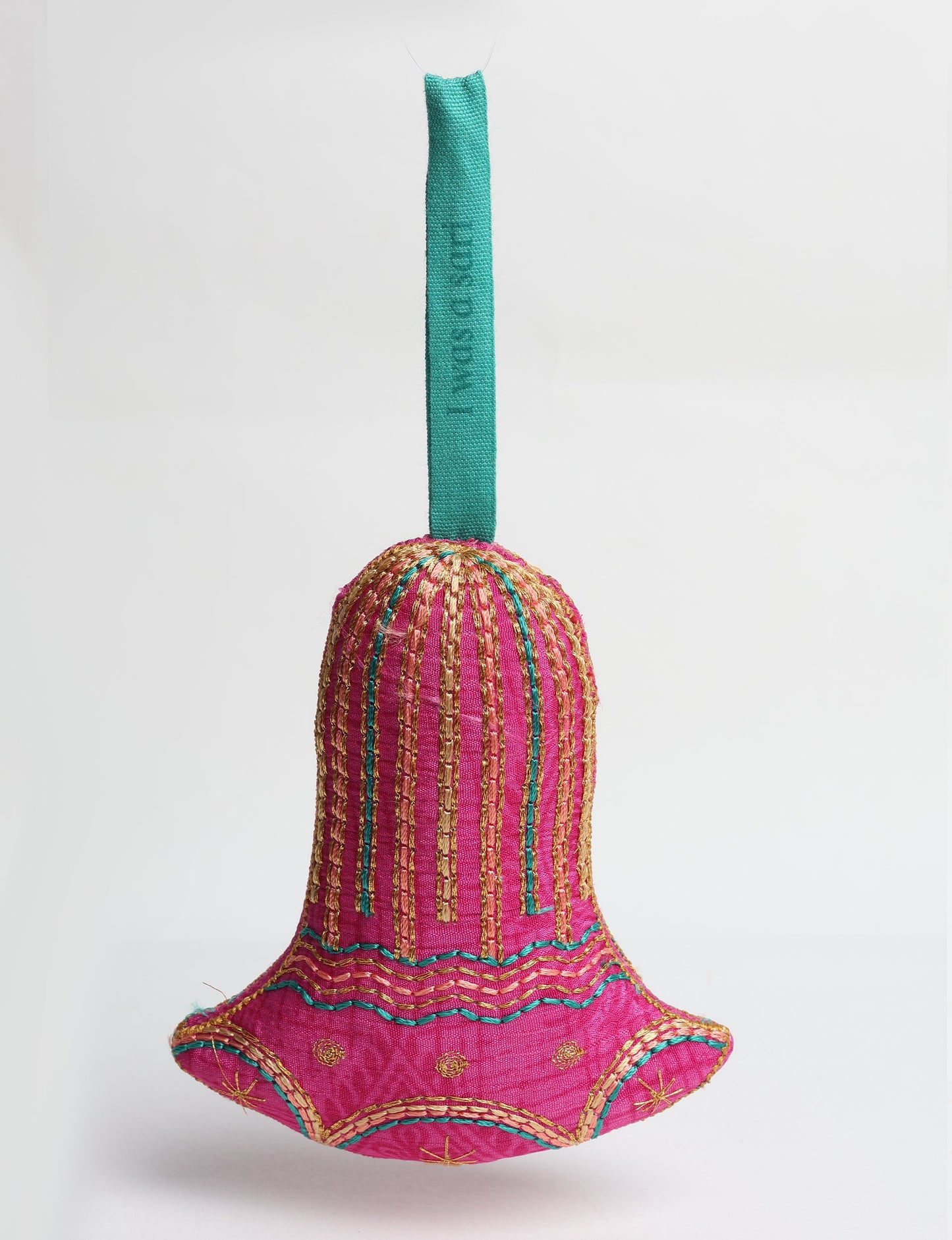 Upcycled sari bell ornament with hand embroidery and organic cotton filling — upcycled clothing, recycled sari products, eco clothing, recycled sustainable fashion, green fashion, repurposed clothing, earth friendly clothing, and conscious clothing accessory for sustainable women's clothing collections.