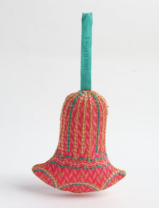 Upcycled sari bell ornament with hand embroidery and organic cotton filling — upcycled clothing, recycled sari products, eco clothing, recycled sustainable fashion, green fashion, repurposed clothing, earth friendly clothing, and conscious clothing accessory for sustainable women's clothing collections.