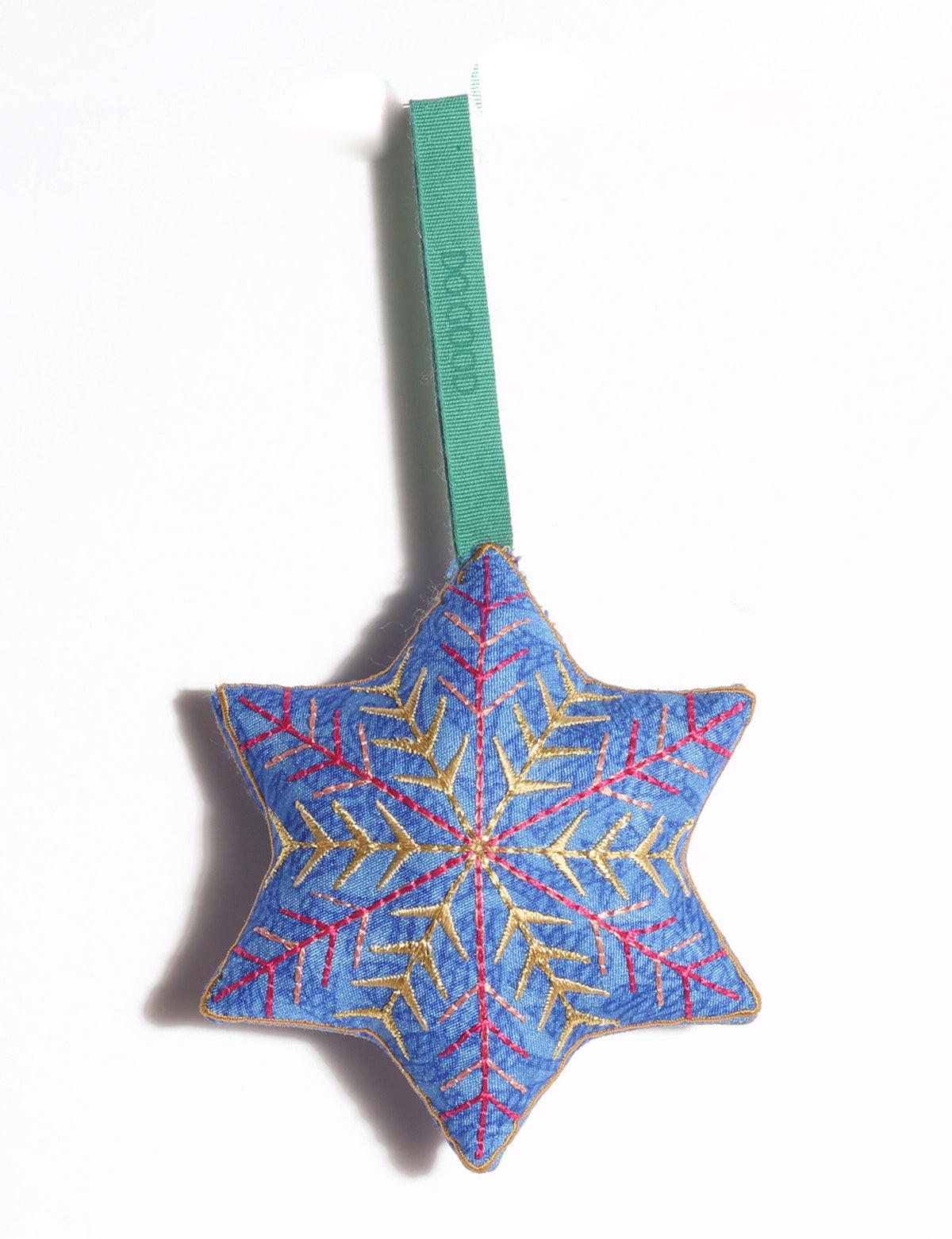 Handcrafted snowflake Christmas ornament made from preloved saris with silk and metallic gold thread embroidery