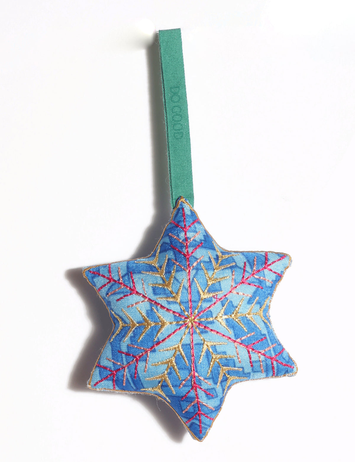 Handcrafted snowflake Christmas ornament made from preloved saris with silk and metallic gold thread embroidery