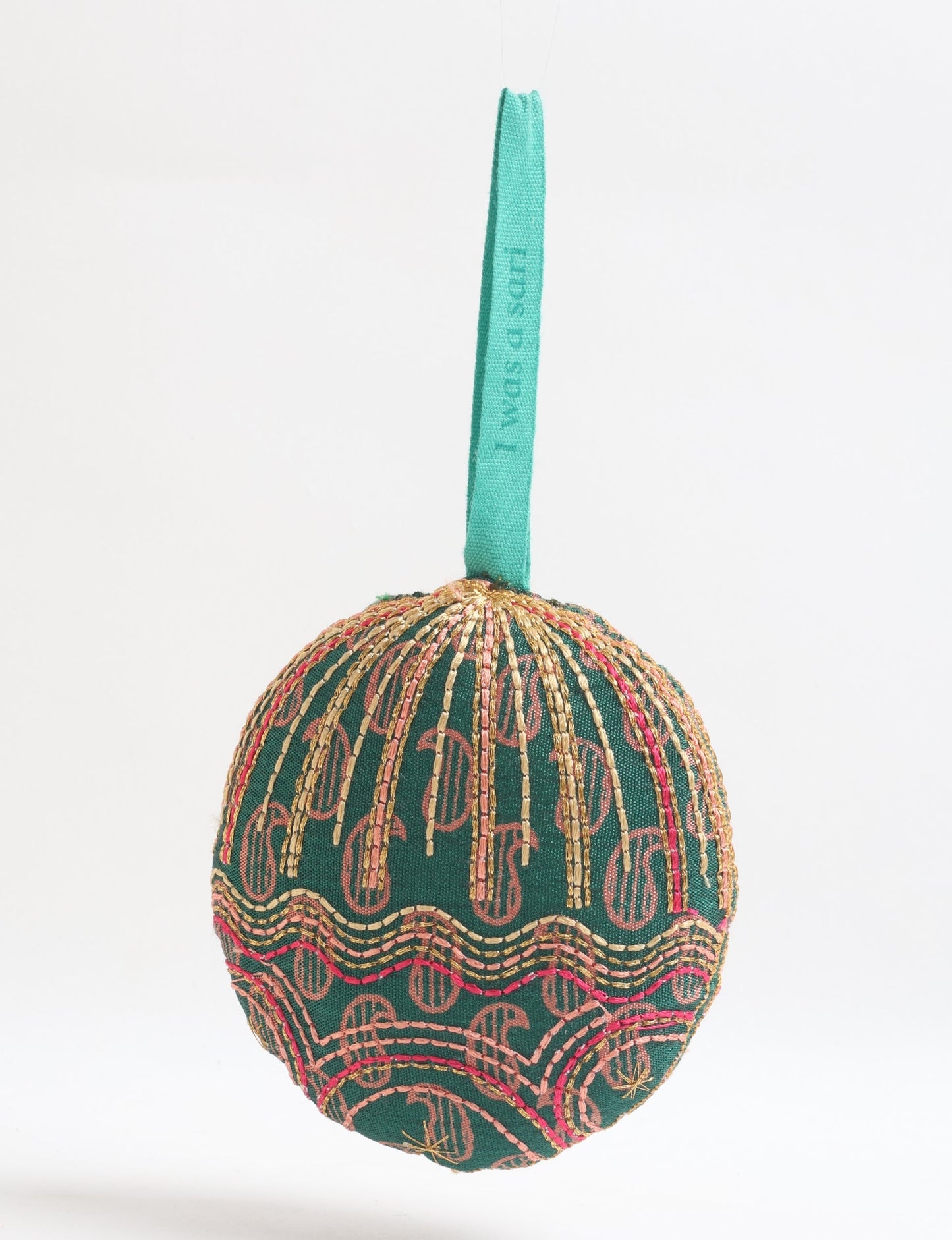 Timeless Full Moon ornament handmade from recycled sari fabric, featuring organic cotton filling and gold thread embroidery — a beautiful piece of upcycled clothing, eco clothing, and sustainable women’s fashion made from repurposed materials.