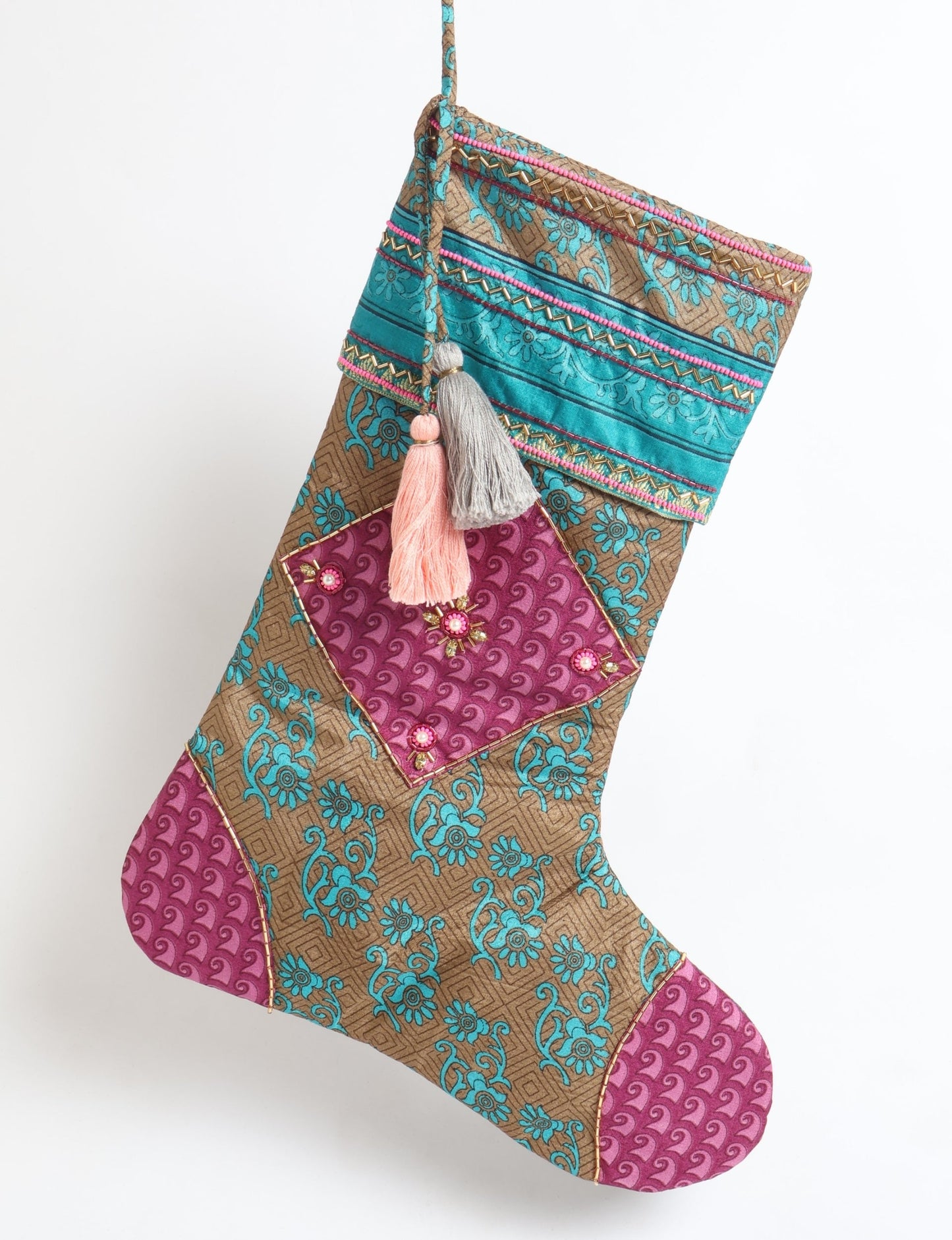 Cheer Christmas stocking made from recycled sari fabric with patchwork, gold hand embroidery, stones, sequins, pearls, glass beads, heart charm, and tassel — upcycled women’s clothing, conscious clothing, green fashion, upcycling fashion, environmentally friendly clothing, products made from textile waste, repurposed clothing, carbon neutral fashion, eco clothing, natural clothing.