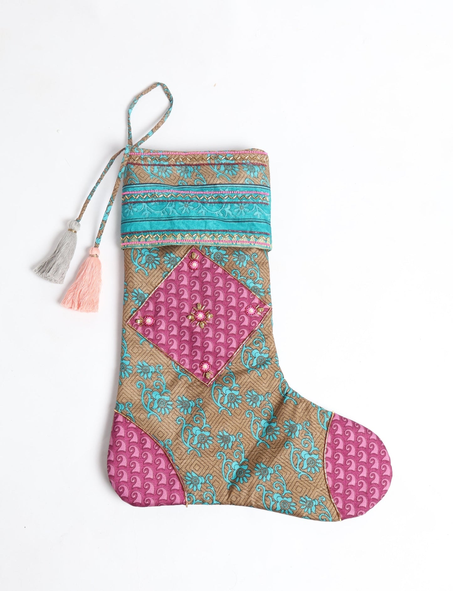 Cheer Christmas stocking made from recycled sari fabric with patchwork, gold hand embroidery, stones, sequins, pearls, glass beads, heart charm, and tassel — upcycled women’s clothing, conscious clothing, green fashion, upcycling fashion, environmentally friendly clothing, products made from textile waste, repurposed clothing, carbon neutral fashion, eco clothing, natural clothing.
