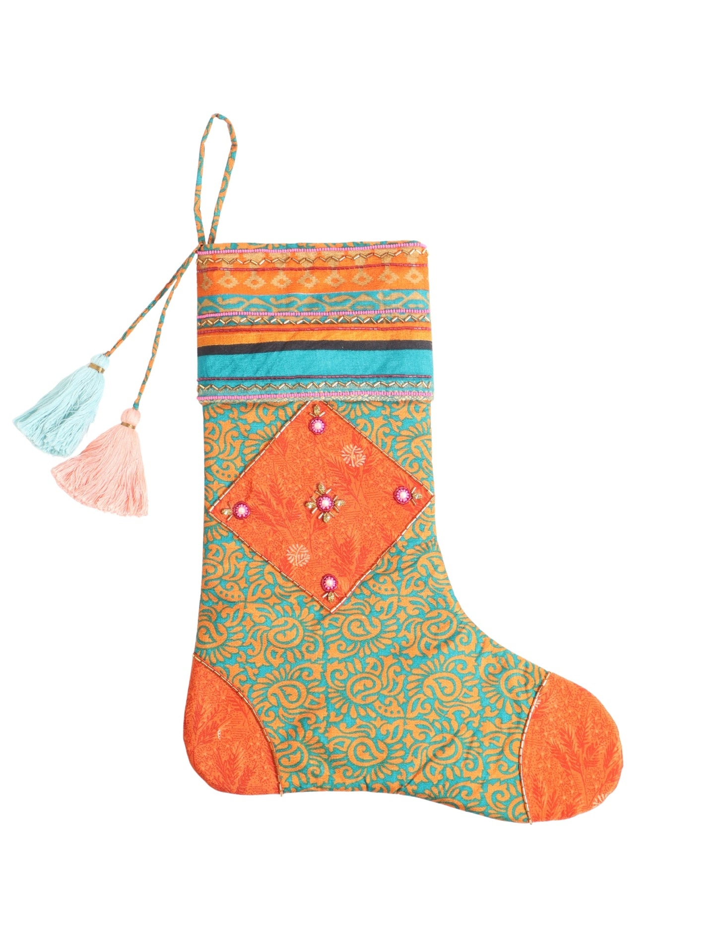 Cheer Christmas stocking made from recycled sari fabric with patchwork, gold hand embroidery, stones, sequins, pearls, glass beads, heart charm, and tassel — upcycled women’s clothing, conscious clothing, green fashion, upcycling fashion, environmentally friendly clothing, products made from textile waste, repurposed clothing, carbon neutral fashion, eco clothing, natural clothing.