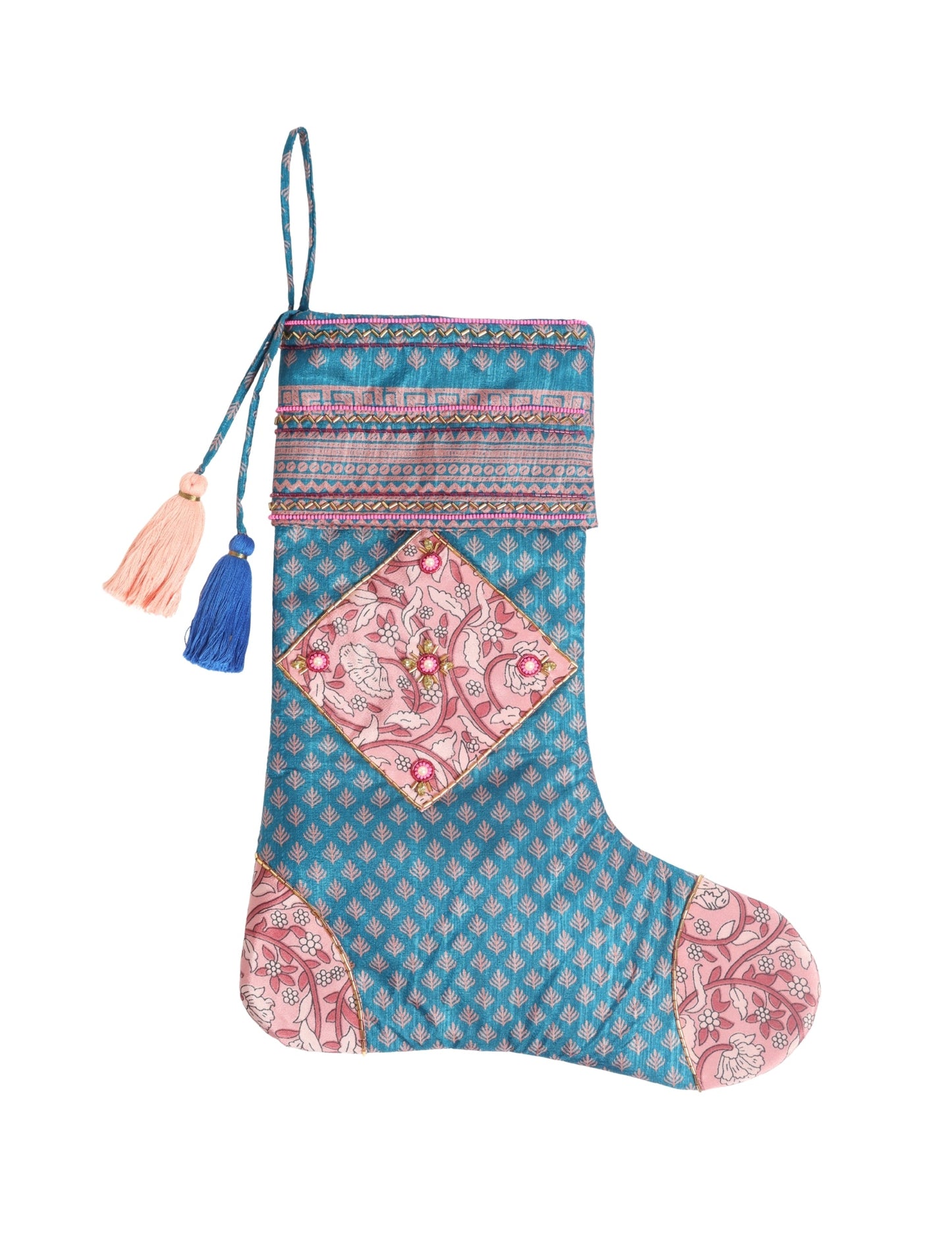 Cheer Christmas stocking made from recycled sari fabric with patchwork, gold hand embroidery, stones, sequins, pearls, glass beads, heart charm, and tassel — upcycled women’s clothing, conscious clothing, green fashion, upcycling fashion, environmentally friendly clothing, products made from textile waste, repurposed clothing, carbon neutral fashion, eco clothing, natural clothing.