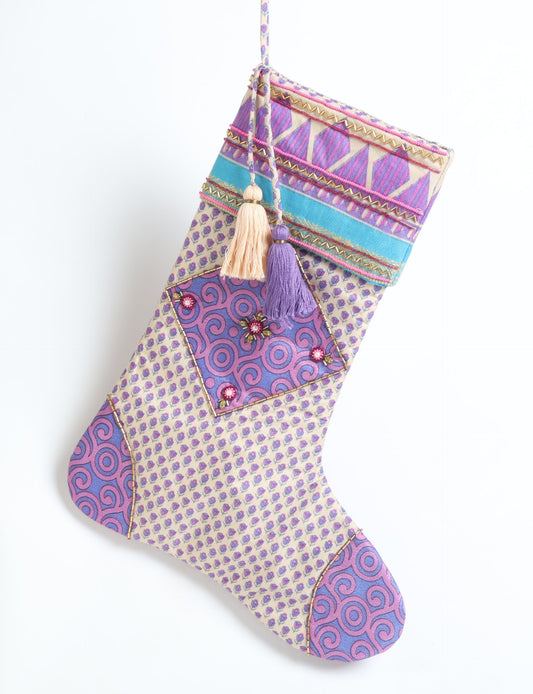 Cheer Christmas stocking made from recycled sari fabric with patchwork, gold hand embroidery, stones, sequins, pearls, glass beads, heart charm, and tassel — upcycled women’s clothing, conscious clothing, green fashion, upcycling fashion, environmentally friendly clothing, products made from textile waste, repurposed clothing, carbon neutral fashion, eco clothing, natural clothing.