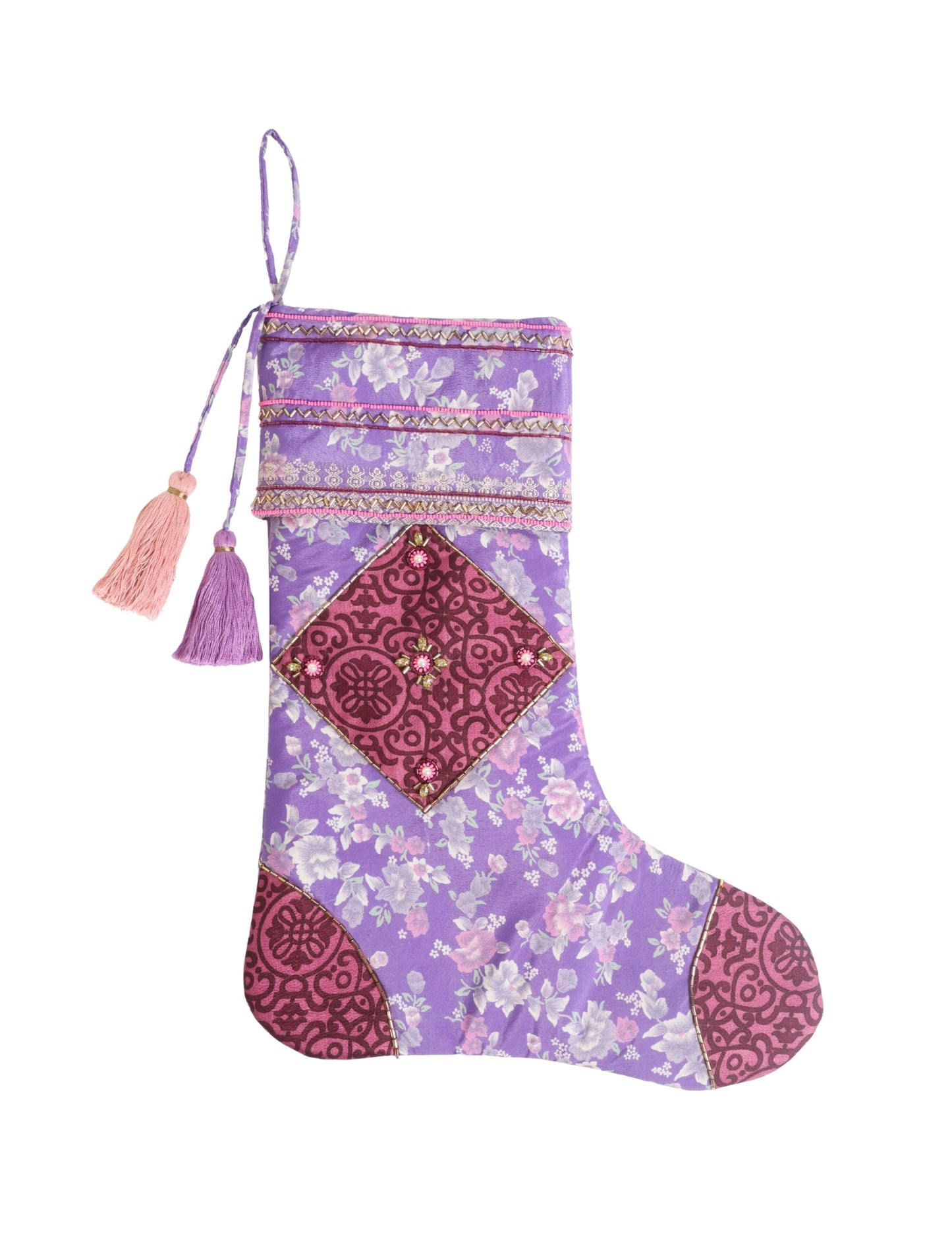 Cheer Christmas stocking made from recycled sari fabric with patchwork, gold hand embroidery, stones, sequins, pearls, glass beads, heart charm, and tassel — upcycled women’s clothing, conscious clothing, green fashion, upcycling fashion, environmentally friendly clothing, products made from textile waste, repurposed clothing, carbon neutral fashion, eco clothing, natural clothing.