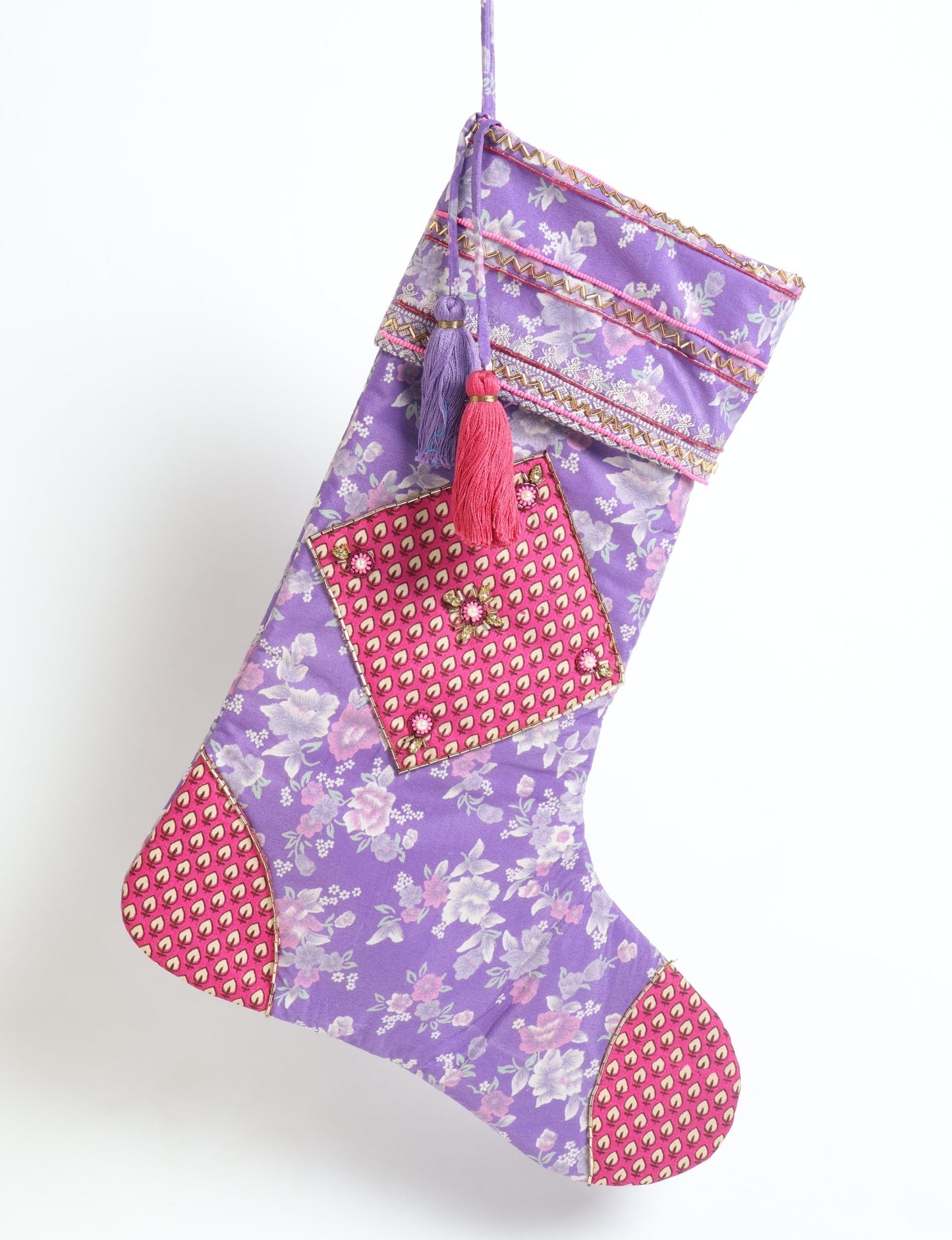 Cheer Christmas stocking made from recycled sari fabric with patchwork, gold hand embroidery, stones, sequins, pearls, glass beads, heart charm, and tassel — upcycled women’s clothing, conscious clothing, green fashion, upcycling fashion, environmentally friendly clothing, products made from textile waste, repurposed clothing, carbon neutral fashion, eco clothing, natural clothing.