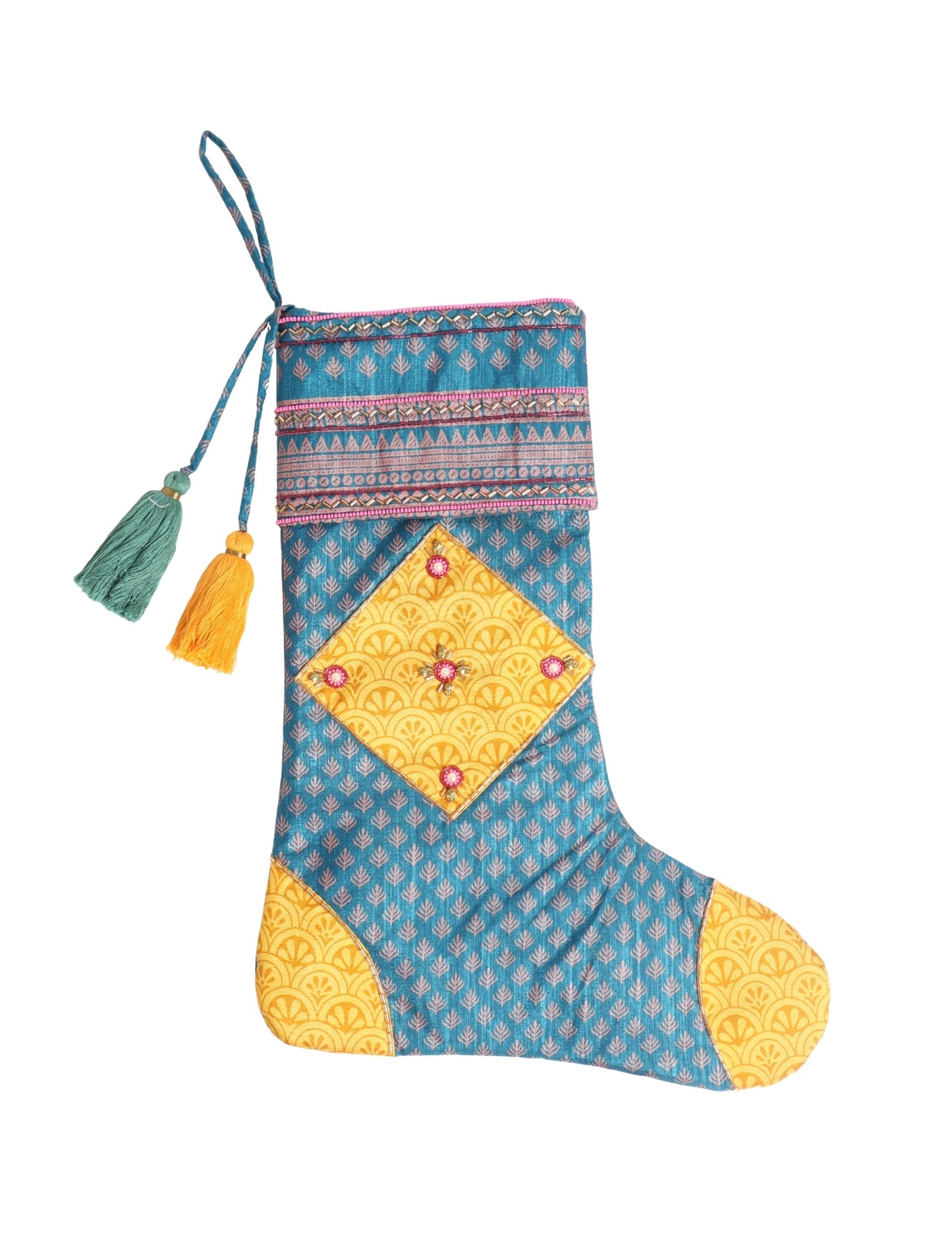 Cheer Christmas stocking made from recycled sari fabric with patchwork, gold hand embroidery, stones, sequins, pearls, glass beads, heart charm, and tassel — upcycled women’s clothing, conscious clothing, green fashion, upcycling fashion, environmentally friendly clothing, products made from textile waste, repurposed clothing, carbon neutral fashion, eco clothing, natural clothing.