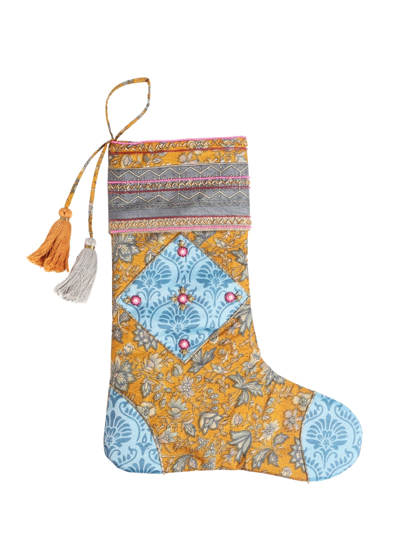 Cheer Christmas stocking made from recycled sari fabric with patchwork, gold hand embroidery, stones, sequins, pearls, glass beads, heart charm, and tassel — upcycled women’s clothing, conscious clothing, green fashion, upcycling fashion, environmentally friendly clothing, products made from textile waste, repurposed clothing, carbon neutral fashion, eco clothing, natural clothing.