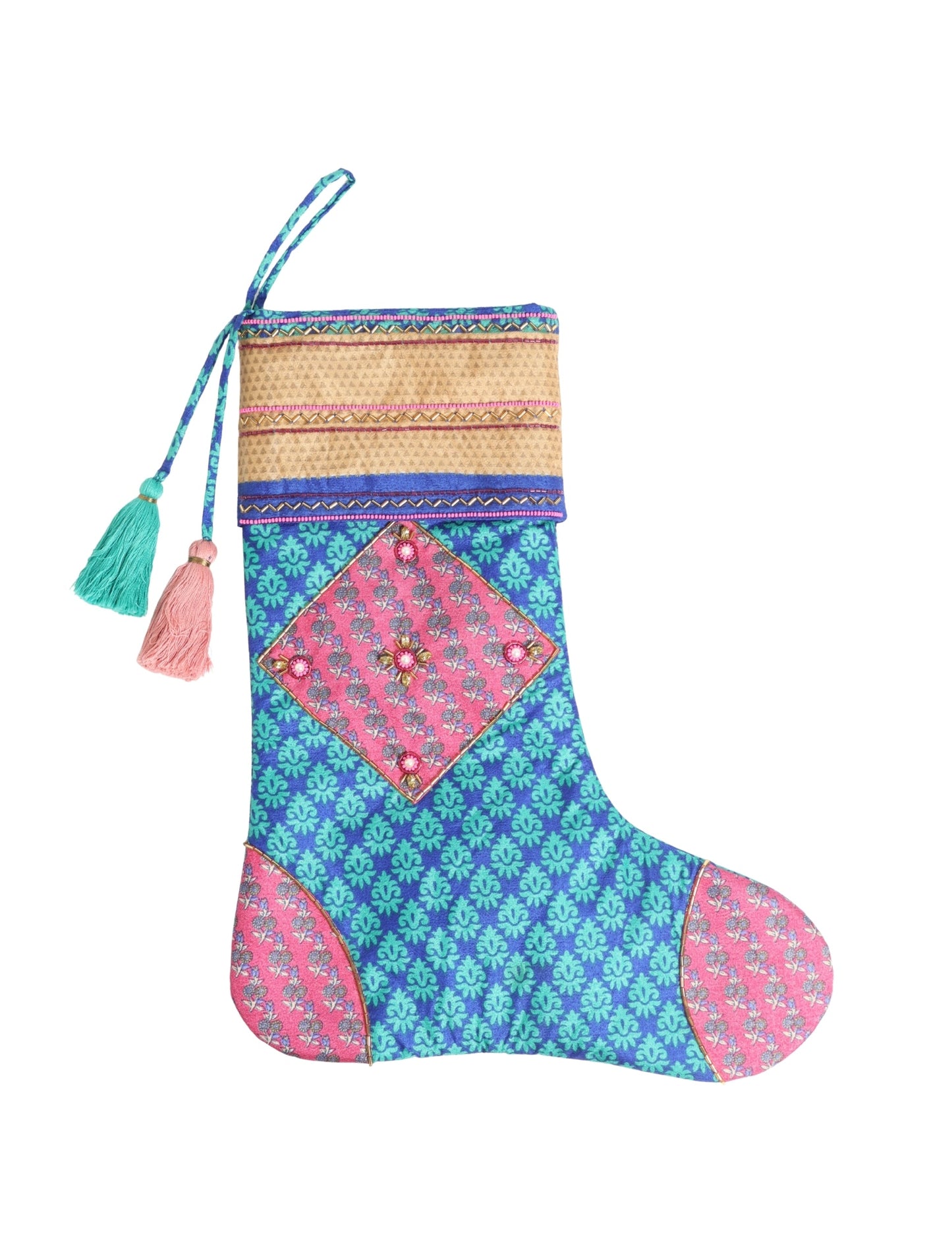 Cheer Christmas stocking made from recycled sari fabric with patchwork, gold hand embroidery, stones, sequins, pearls, glass beads, heart charm, and tassel — upcycled women’s clothing, conscious clothing, green fashion, upcycling fashion, environmentally friendly clothing, products made from textile waste, repurposed clothing, carbon neutral fashion, eco clothing, natural clothing.