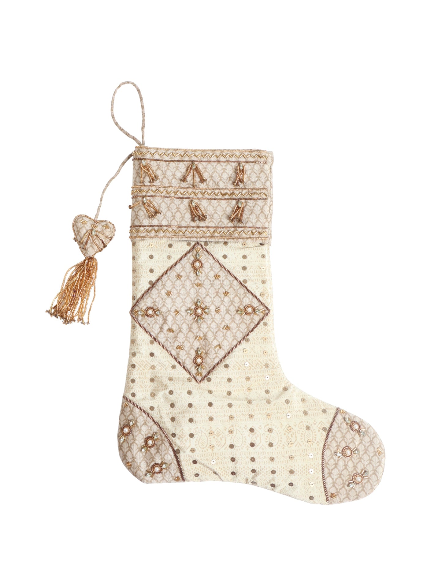 Ivory and cream upcycled sari Christmas stocking with gold hand embroidery, patchwork detailing, and a beaded heart charm tassel — crafted from recycled materials and inspired by circular, fair trade, and eco clothing fashion.