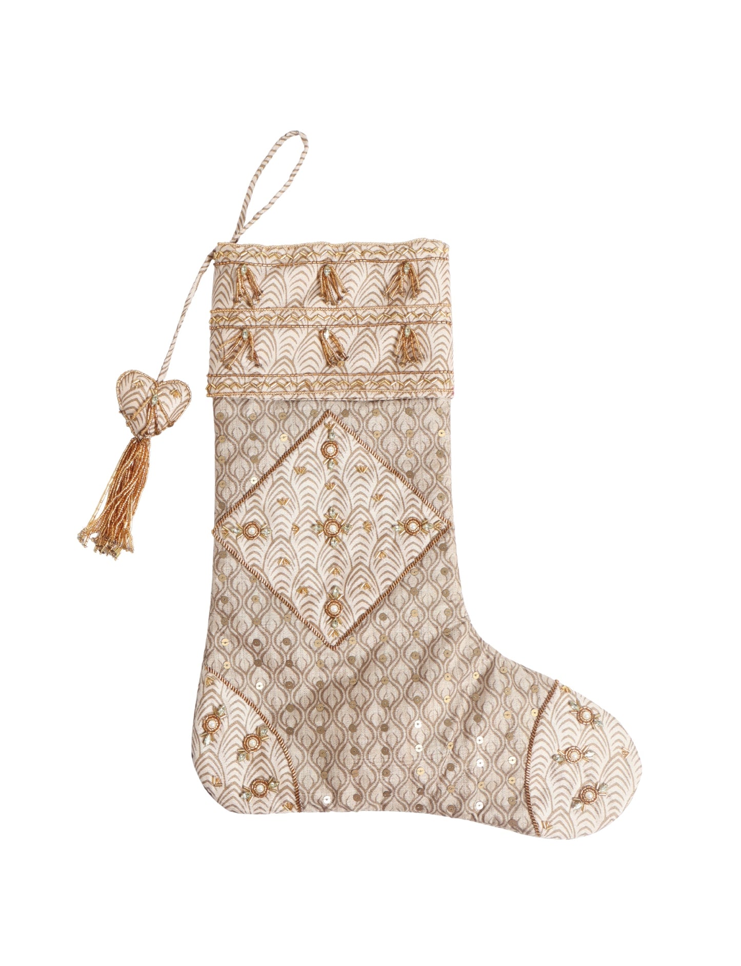 Ivory and cream upcycled sari Christmas stocking with gold hand embroidery, patchwork detailing, and a beaded heart charm tassel — crafted from recycled materials and inspired by circular, fair trade, and eco clothing fashion.