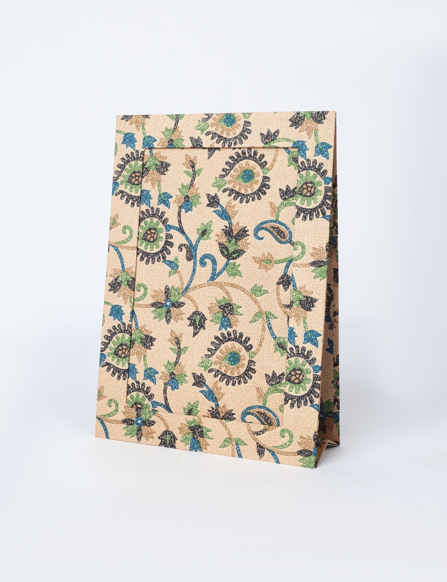 A4 size fabric photo frame with fold-out stand, made using upcycled clothing and recycled fashion concepts. Ideal for showcasing pictures, this eco friendly cloth-inspired frame highlights conscious clothing, zero waste clothing, and the essence of slow fashion.