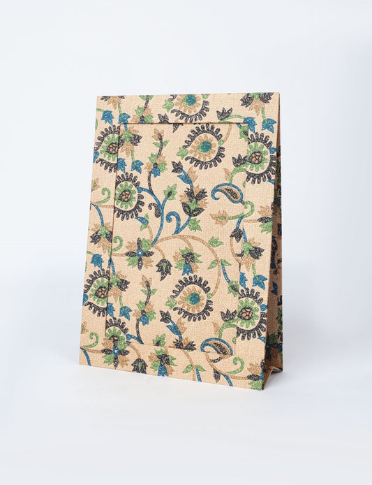 A4 size fabric photo frame with fold-out stand, made using upcycled clothing and recycled fashion concepts. Ideal for showcasing pictures, this eco friendly cloth-inspired frame highlights conscious clothing, zero waste clothing, and the essence of slow fashion.