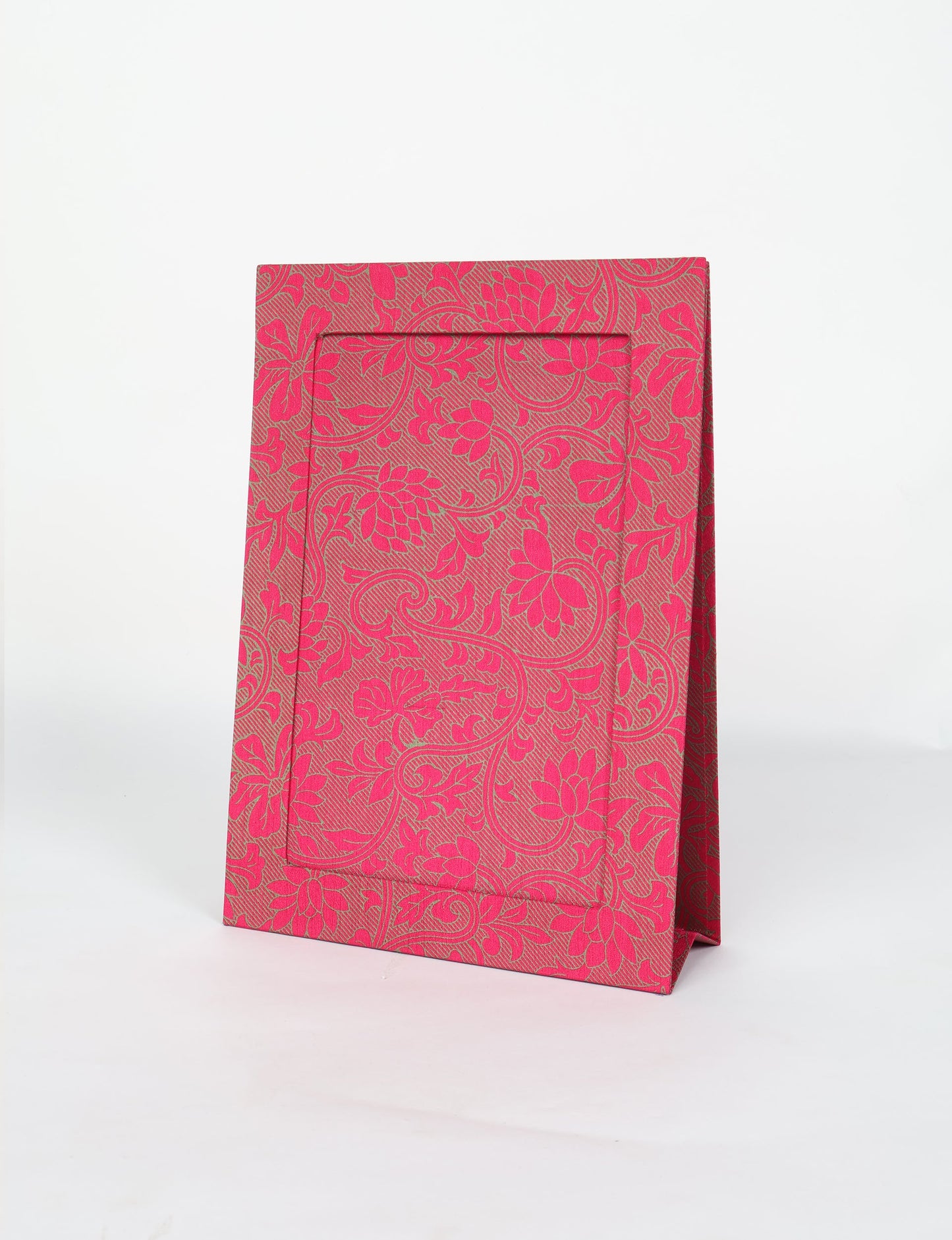 A4 size fabric photo frame with fold-out stand, made using upcycled clothing and recycled fashion concepts. Ideal for showcasing pictures, this eco friendly cloth-inspired frame highlights conscious clothing, zero waste clothing, and the essence of slow fashion.