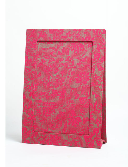 A4 size fabric photo frame with fold-out stand, made using upcycled clothing and recycled fashion concepts. Ideal for showcasing pictures, this eco friendly cloth-inspired frame highlights conscious clothing, zero waste clothing, and the essence of slow fashion.