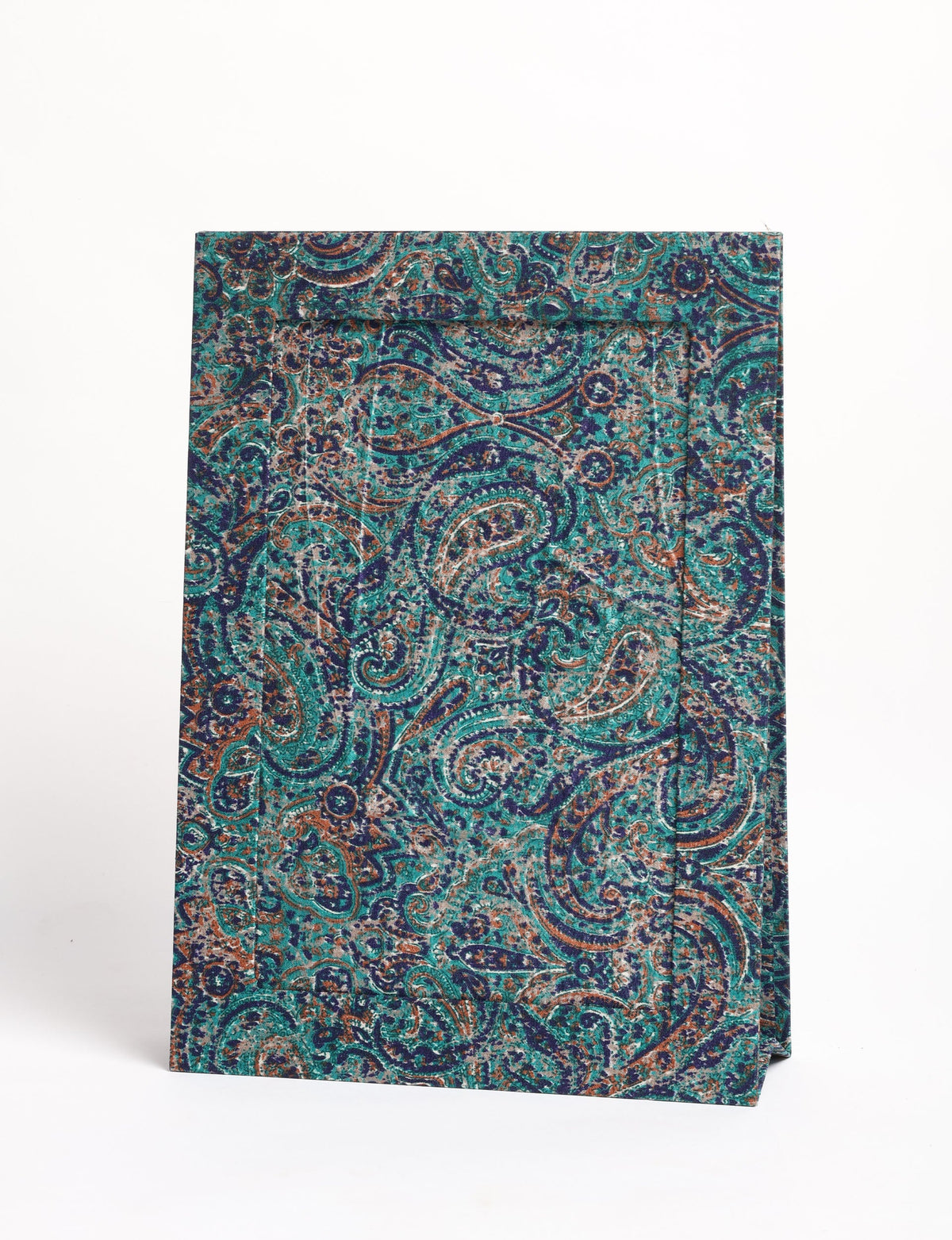 Blue paisley patterned photo frame standing upright with a textured fabric surface and A4 size visible from front angle