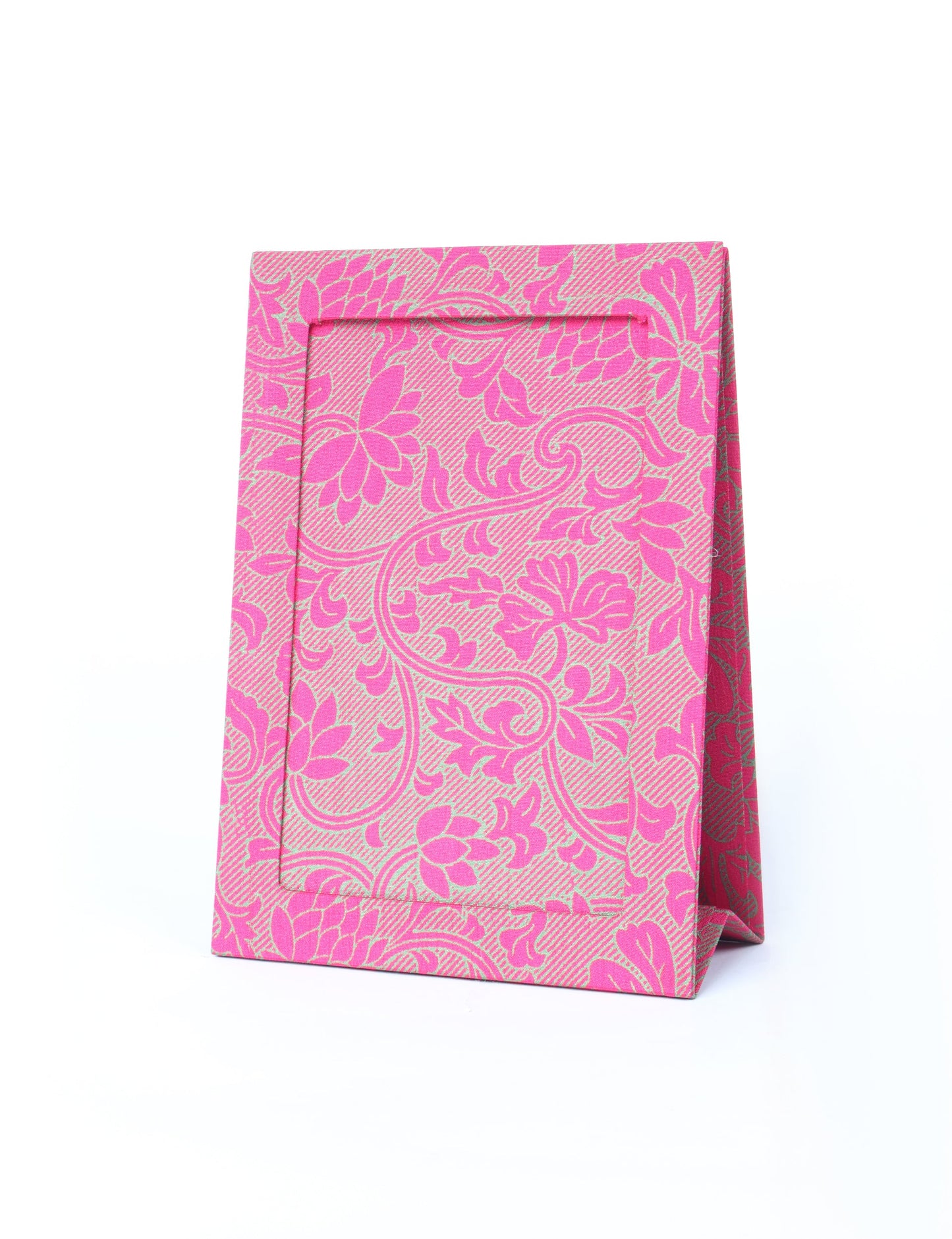 A5 rectangular fabric-covered tabletop photo frame with fold-out stand, created using upcycled clothing and repurposed clothing techniques. An eco friendly product inspired by zero waste clothing, fair trade fashion, and environmentally friendly clothing ideals, perfect for displaying photos or posters.