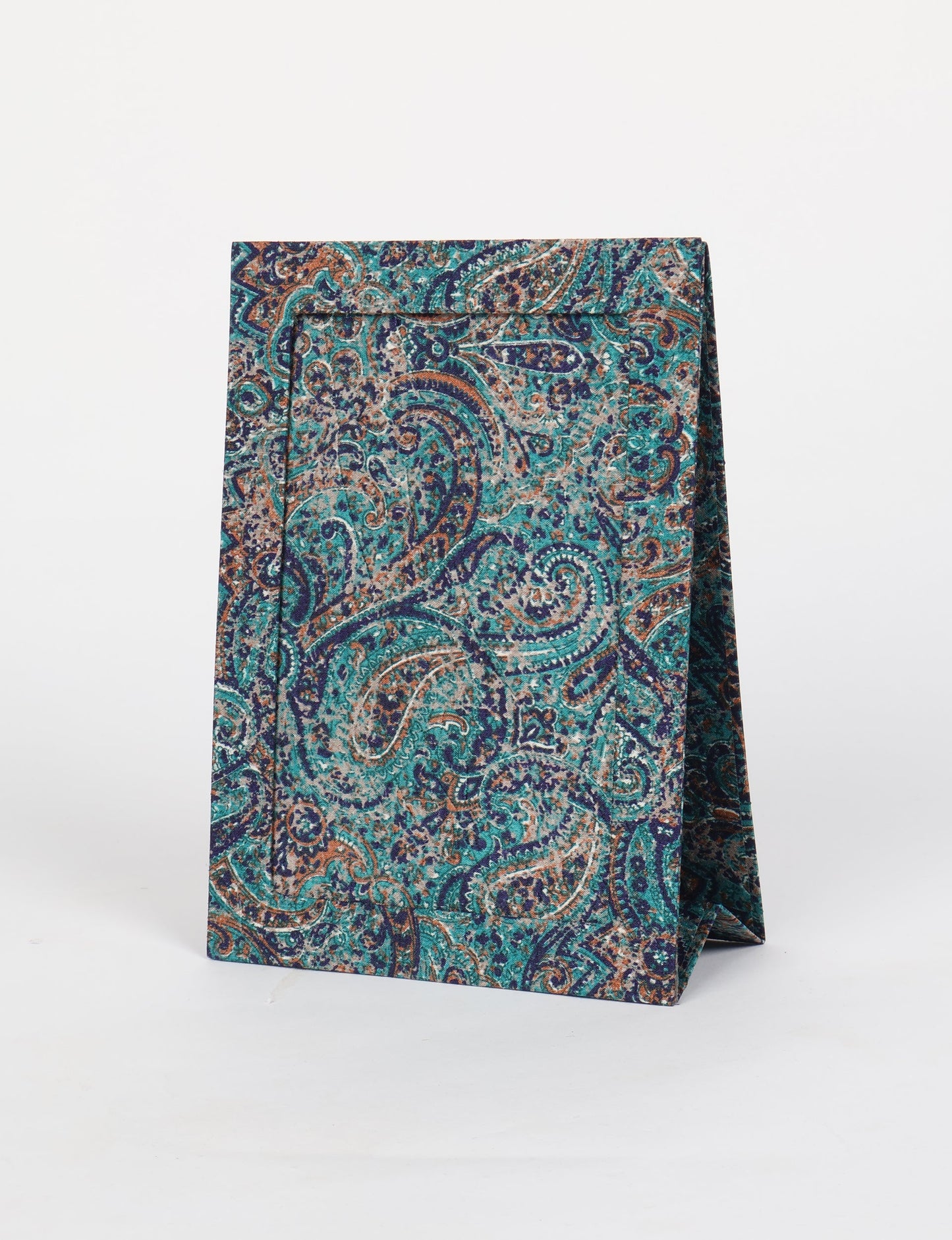 A5 rectangular fabric-covered tabletop photo frame with fold-out stand, created using upcycled clothing and repurposed clothing techniques. An eco friendly product inspired by zero waste clothing, fair trade fashion, and environmentally friendly clothing ideals, perfect for displaying photos or posters.