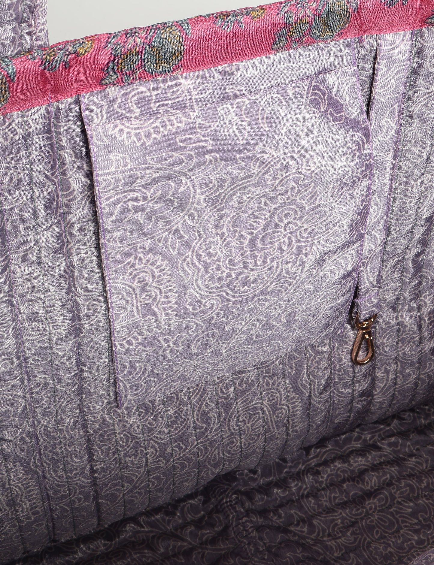 Quilted work tote bag with structured rectangular design and long shoulder straps, representing slow fashion and ethical clothing ideals, made as part of upcycled women's clothing and sustainable women's clothing using recycled fashion and earth friendly clothing practices.