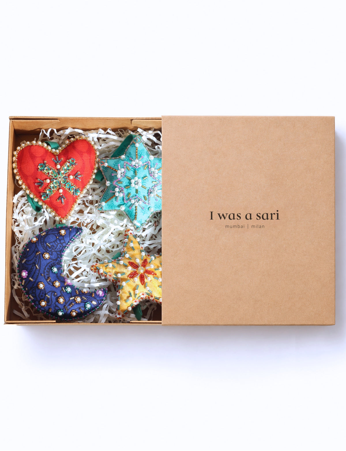 Cheer gift box set of four colourful upcycled sari ornaments in heart, star, crescent moon and snowflake shapes with hand-embroidered Aari work.