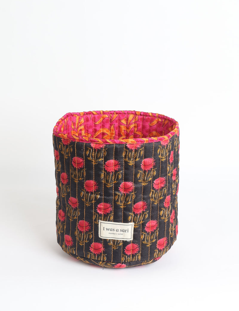 Panier de rangement matelassé - Jaune tropical - Fleurs rouges