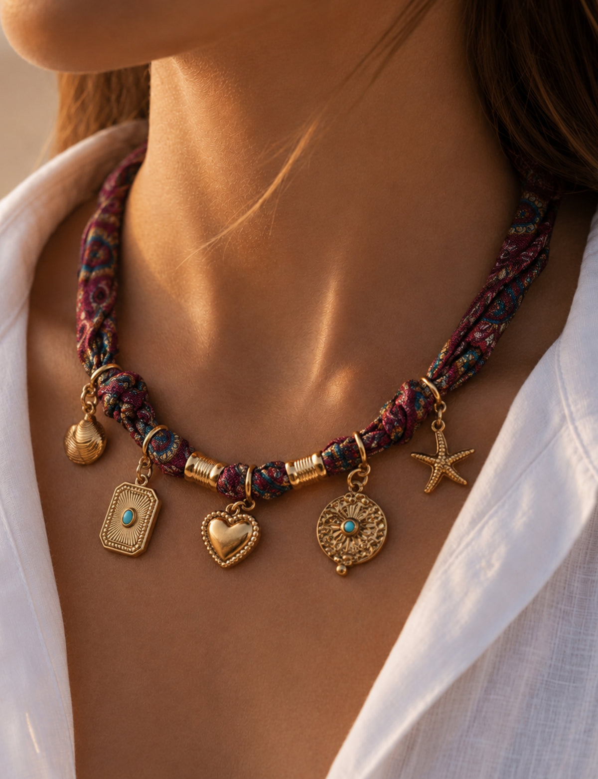 Red tropical patterned bandana necklace with gold-tone charms including heart, starfish, and decorative pendants worn by model