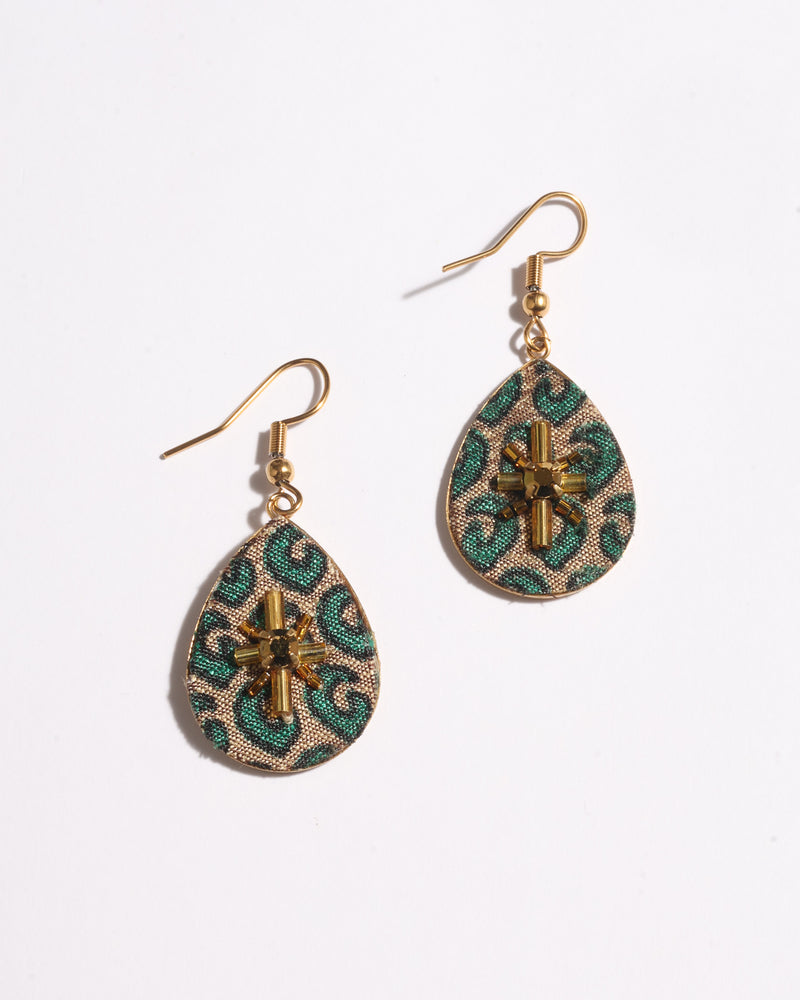 Gold-tone teardrop earrings with green micro pattern fabric and central gold bead embellishment, shown flat on white background