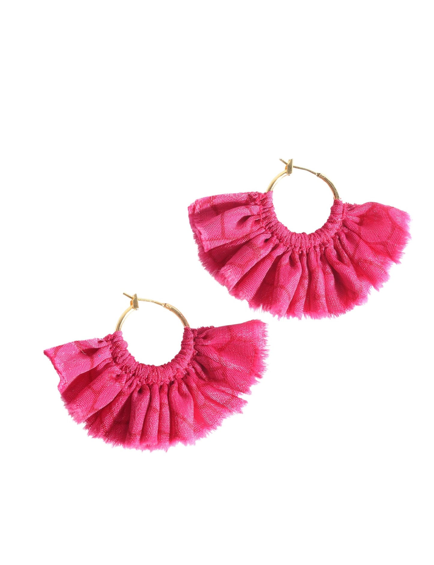 Hoop earrings with frill fabric trim inspired by upcycled women’s clothing, sustainable women’s clothing, eco friendly fashion, recycled sustainable fashion, carbon neutral clothing, and environment friendly clothes values.