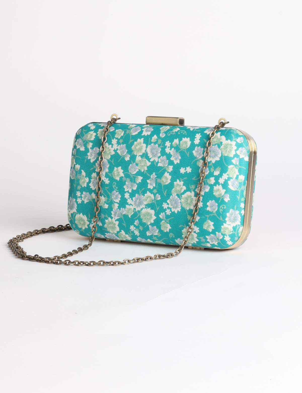 Structured box clutch bag featuring a rigid metal frame, secure clasp closure, detachable metal chain strap, and compact rectangular silhouette.