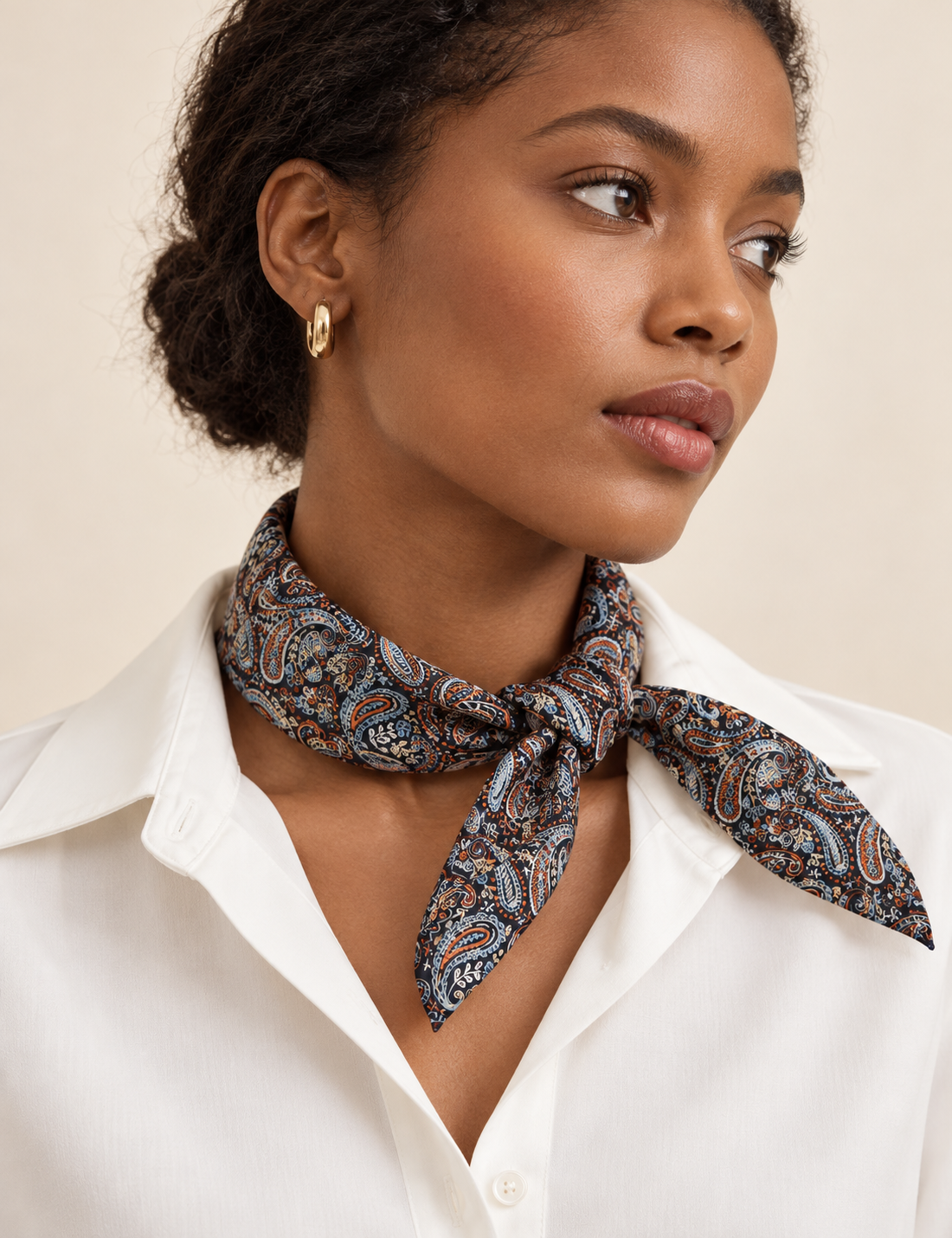 Upcycled sari neck scarf with soft drape and delicate pin hem finishing.