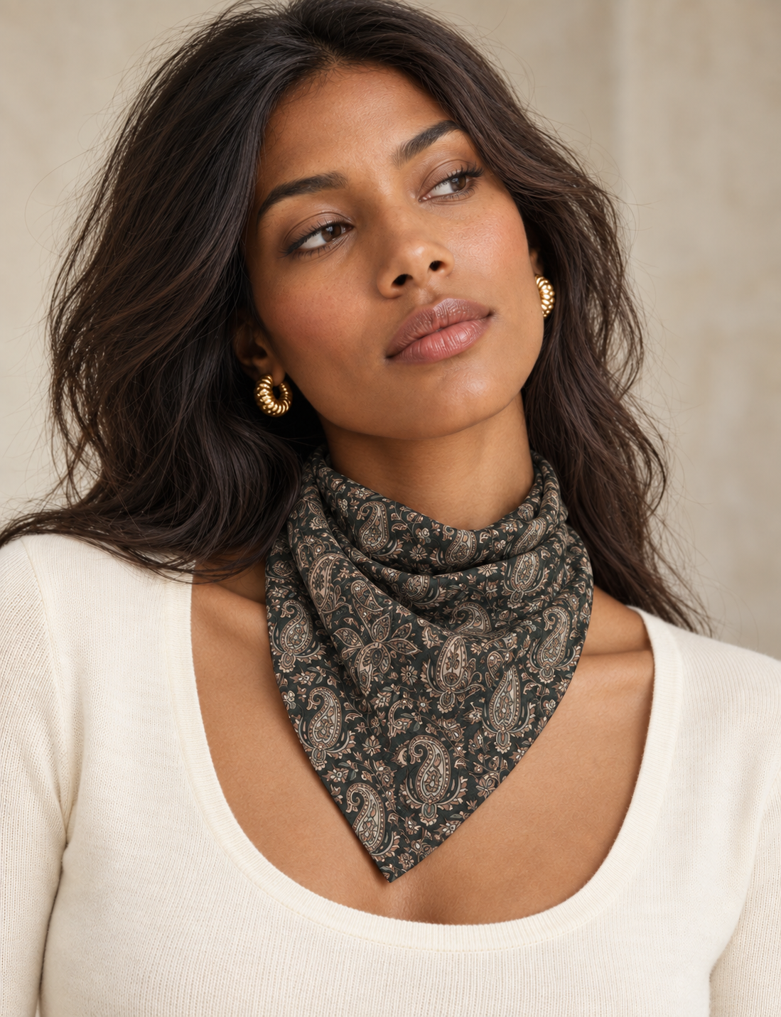 Upcycled sari neck scarf with soft drape and delicate pin hem finishing.