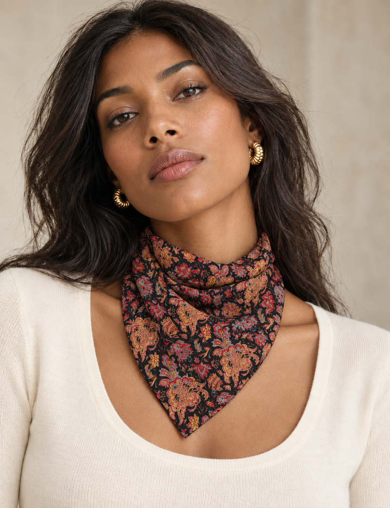 Upcycled sari neck scarf with soft drape and delicate pin hem finishing.