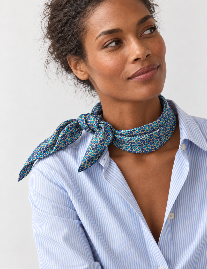 Upcycled sari neck scarf with soft drape and delicate pin hem finishing.