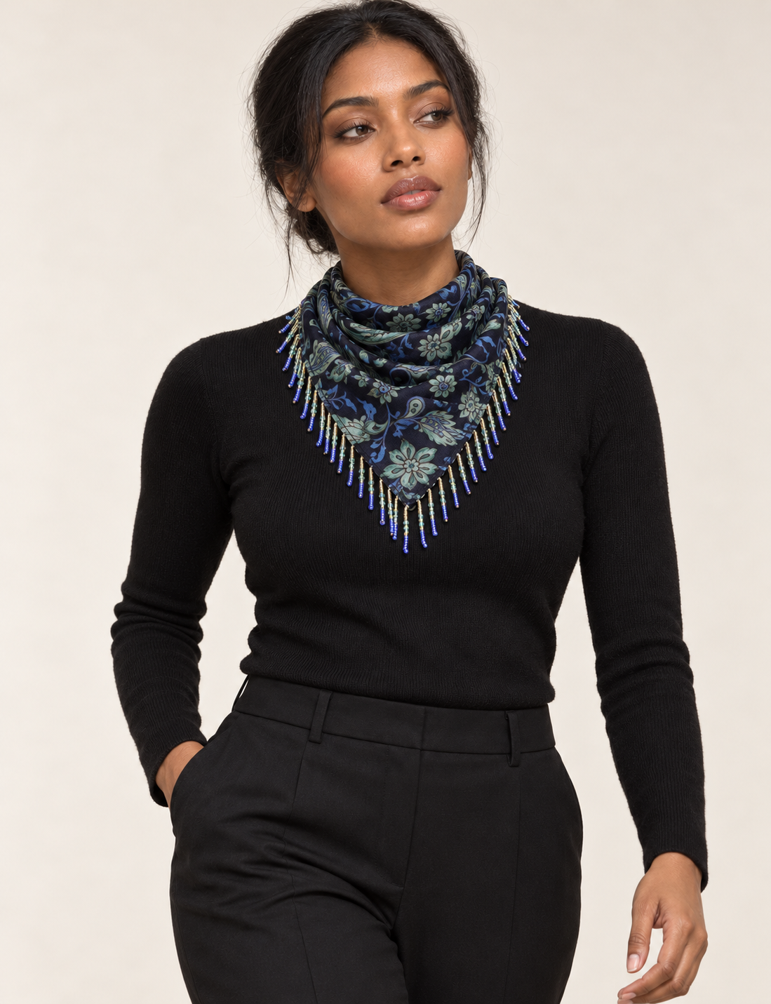 Square lightweight neck scarf with delicate beaded fringes along the edges and neatly stitched finishing, designed for versatile styling.